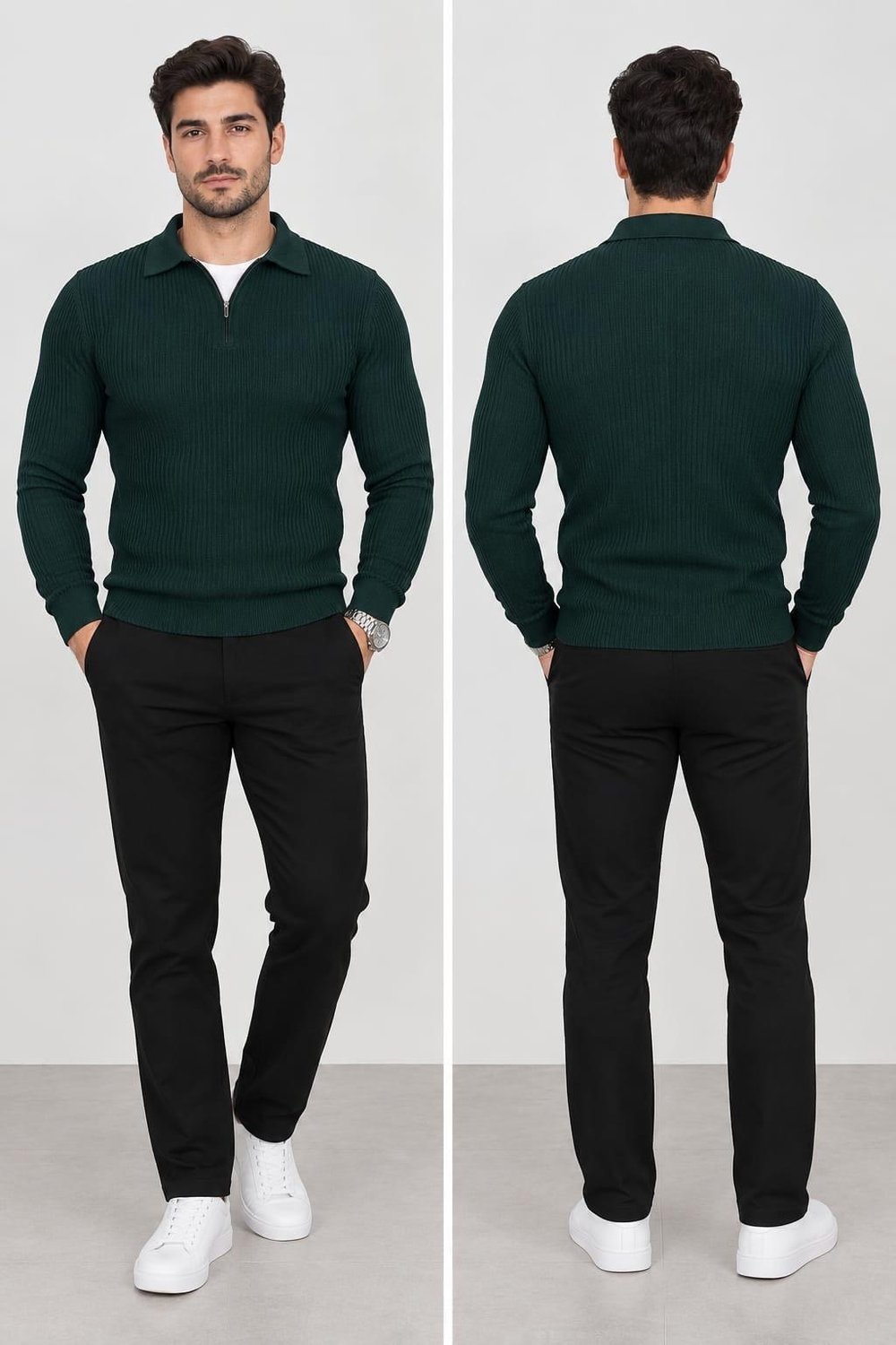 Polo Yaka Triko Sweatshirt - NEFTİ - ST 506