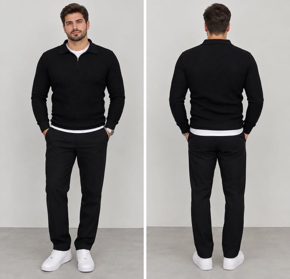 Polo Yaka Triko Sweatshirt - SİYAH  - ST 506