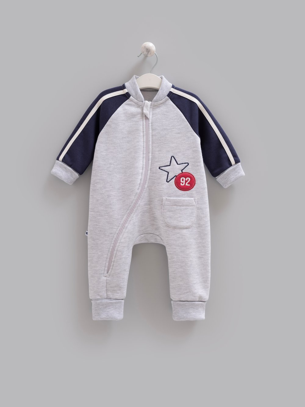3 İplik Erkek Bebek Tulumu Pamuklu Çapraz Fermuarlı Yıldız Detaylı Renk Bloklu Kışlık Tulum - Miniccobaby