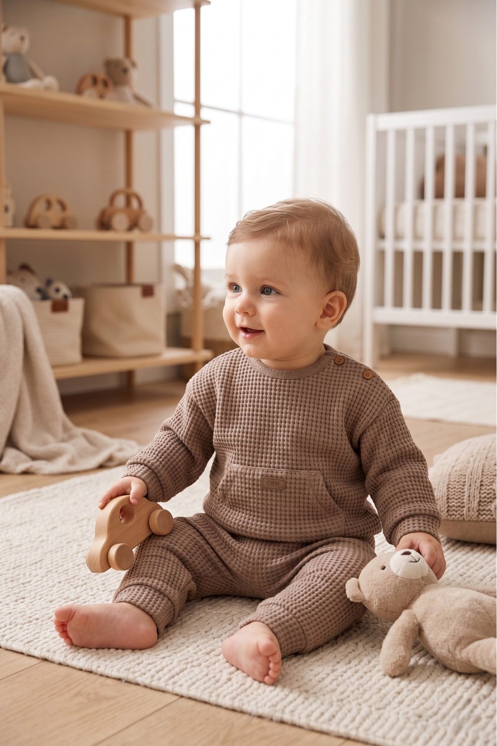 Bebek Takımı Waffle Kumaş %98 Pamuklu Ahşap Düğmeli Kanguru Cepli Unisex (1-12 Ay)