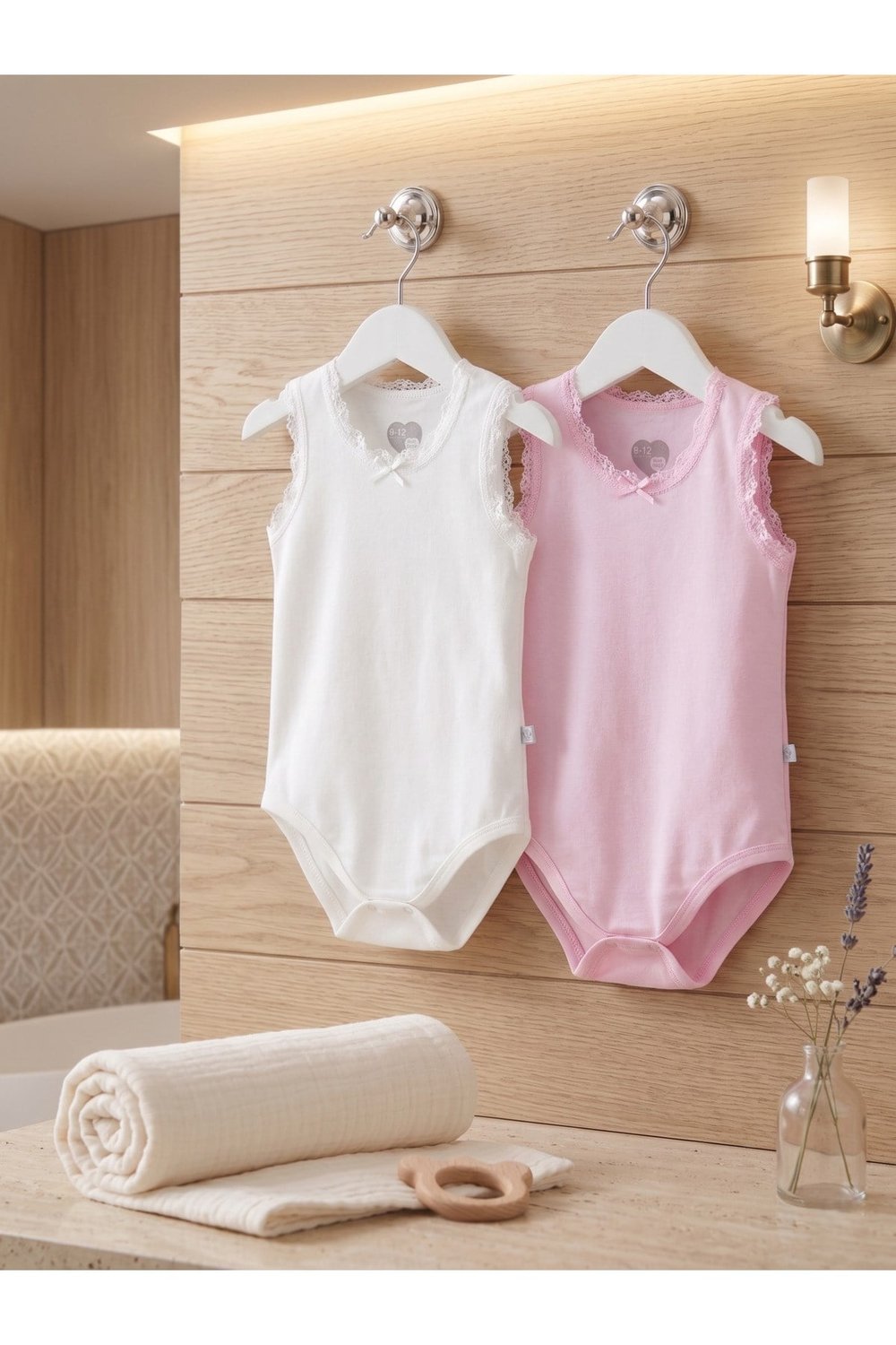 Kız Bebek 2li Pembe Beyaz Dantel Detaylı %95 Pamuklu Çıtçıtlı Body Zıbın Seti