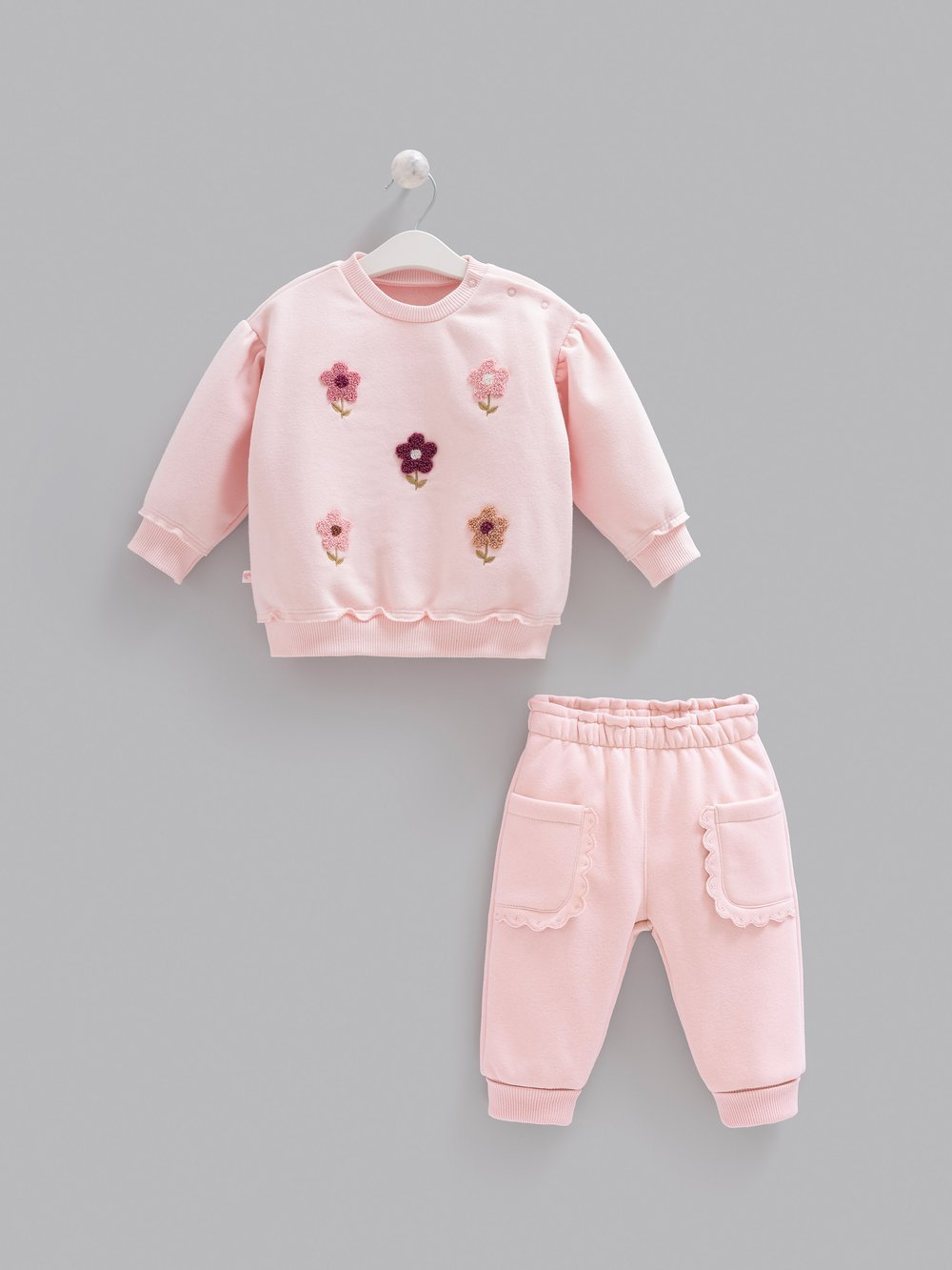 Kız Bebek Takımı Çiçek İşlemeli 3 İplik Şardonlu Pamuklu Kışlık Alt Üst Takım - Miniccobaby