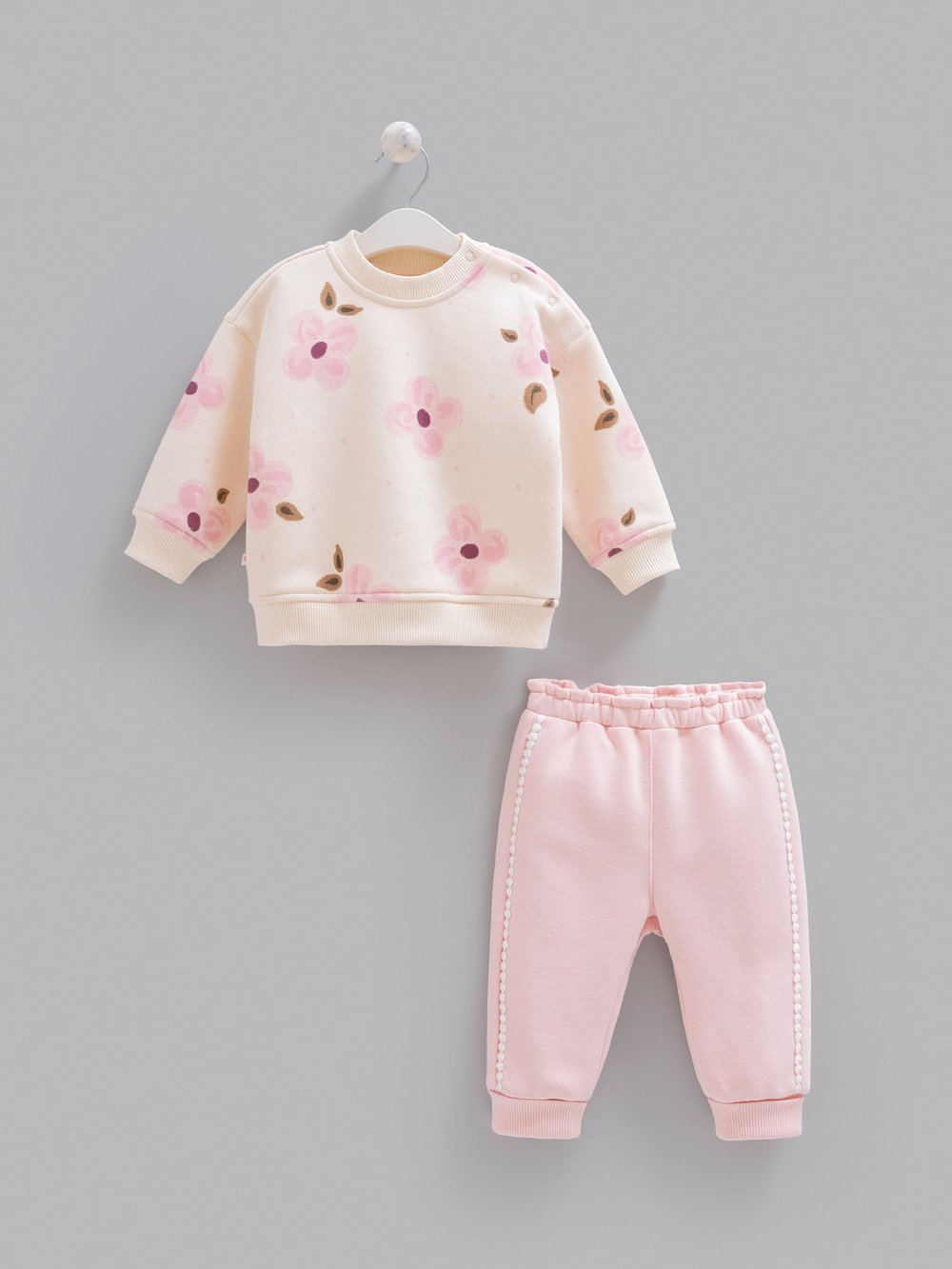 Kız Bebek Takımı Pudra Çiçek Desenli 3 İplik Şardonlu Kışlık Alt Üst Takım Eşofman - Miniccobaby