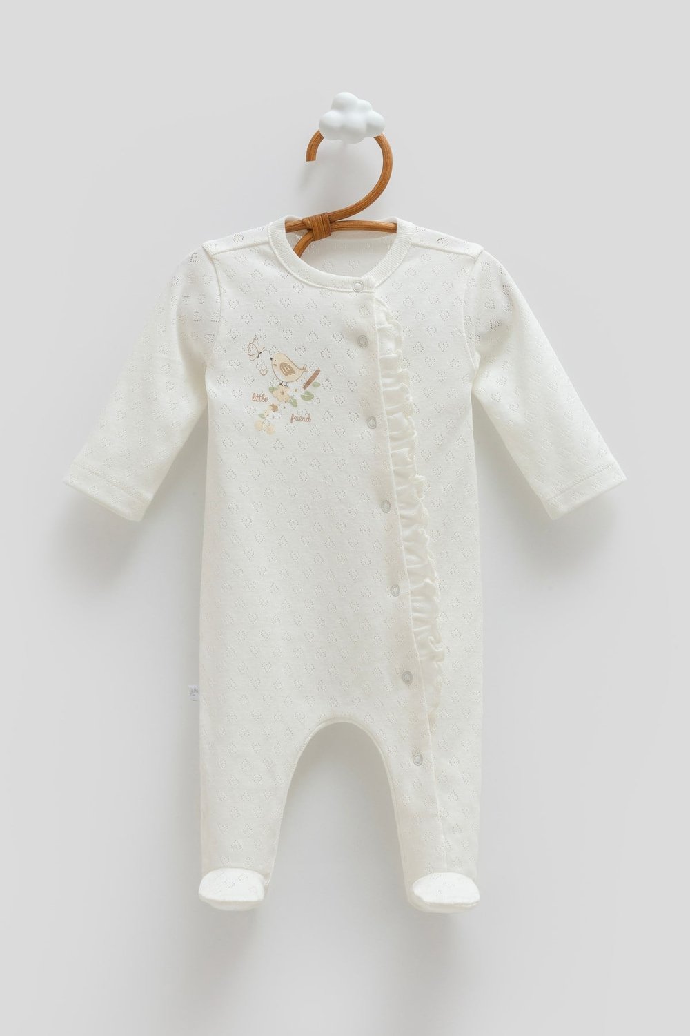 Kız Bebek Tulumu %100 Pamuklu Fırfırlı Kuş Nakışlı - Jakarlı Hava Geçirgen 0-6 AY