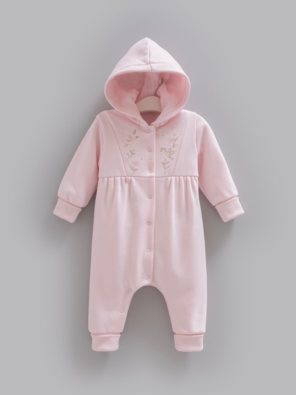 Kız Bebek Tulumu Kapüşonlu Çiçek Nakışlı 3 İplik Şardonsuz Çıtçıtlı Tulum - Miniccobaby