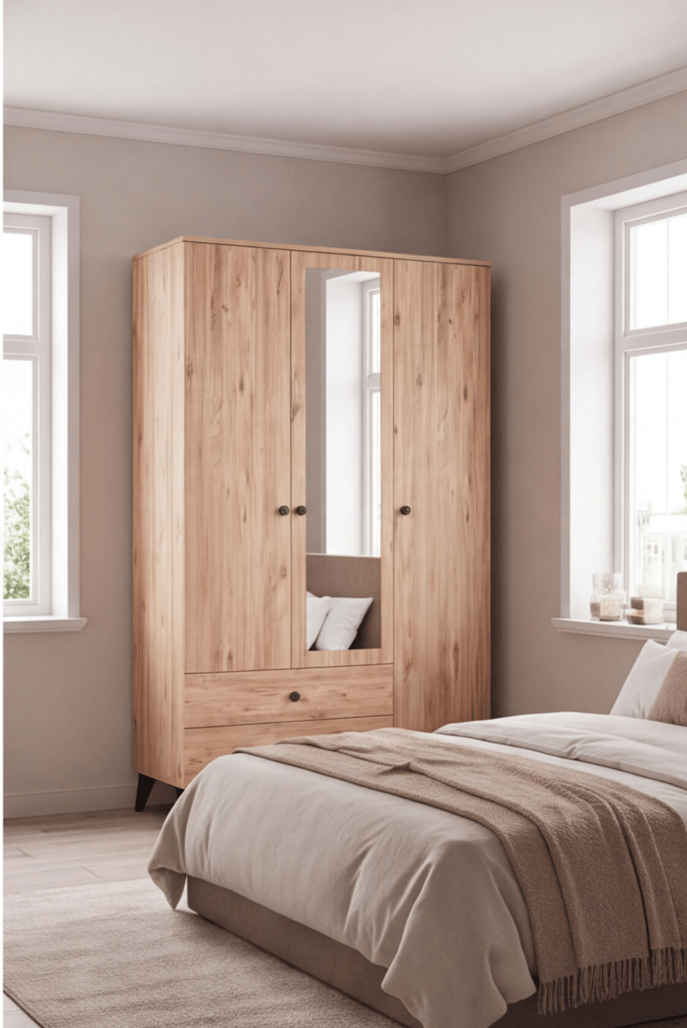 Beta Aynalı Gardırop 3 Kapaklı 2 Çekmeceli Atlantik Çam 109 cm