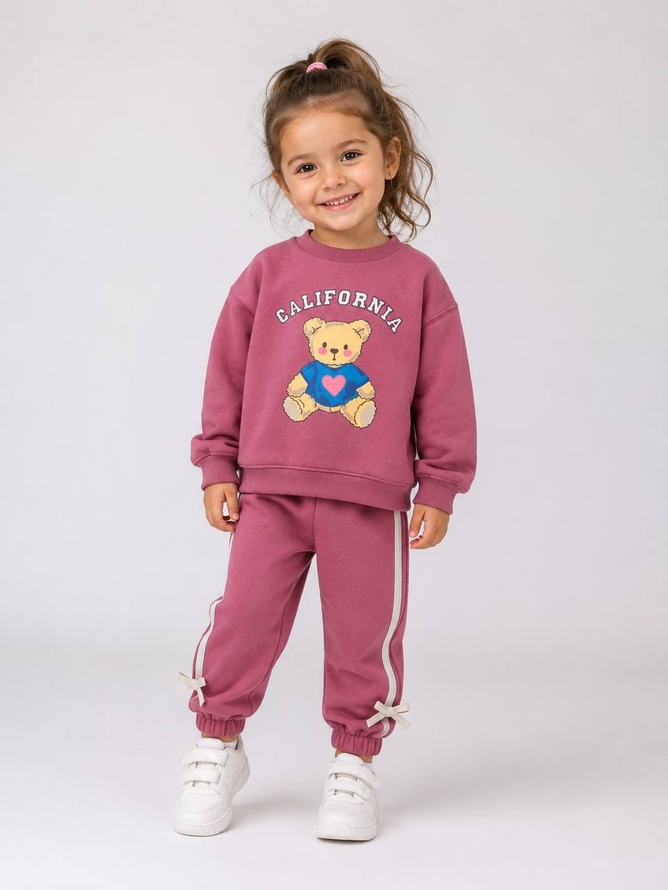Kız Çocuk Gül Kurusu Teddy Bear Baskılı Eşofman Takımı