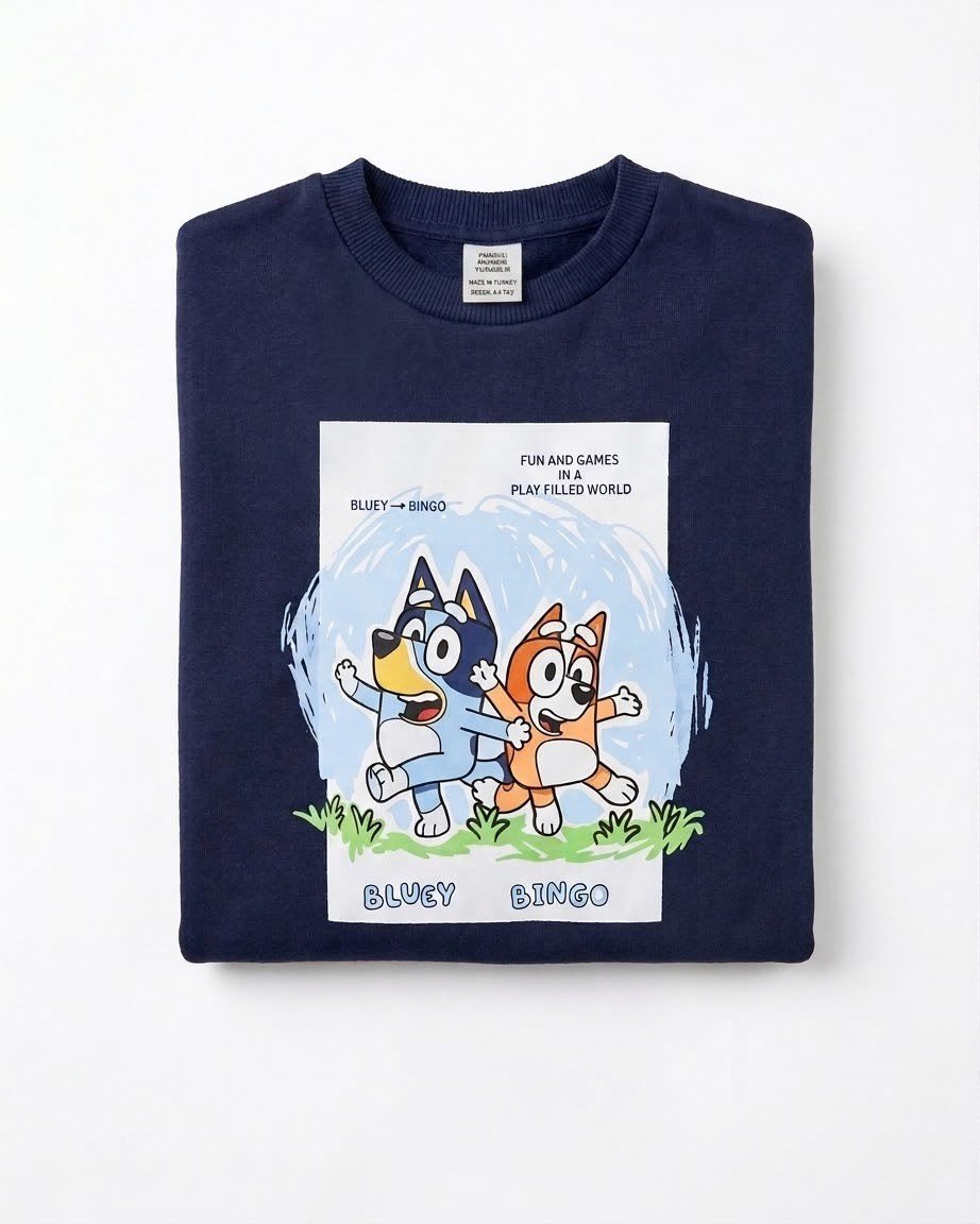 Lacivert Bluey ve Bingo Baskılı Pamuk Eşofman Takımı