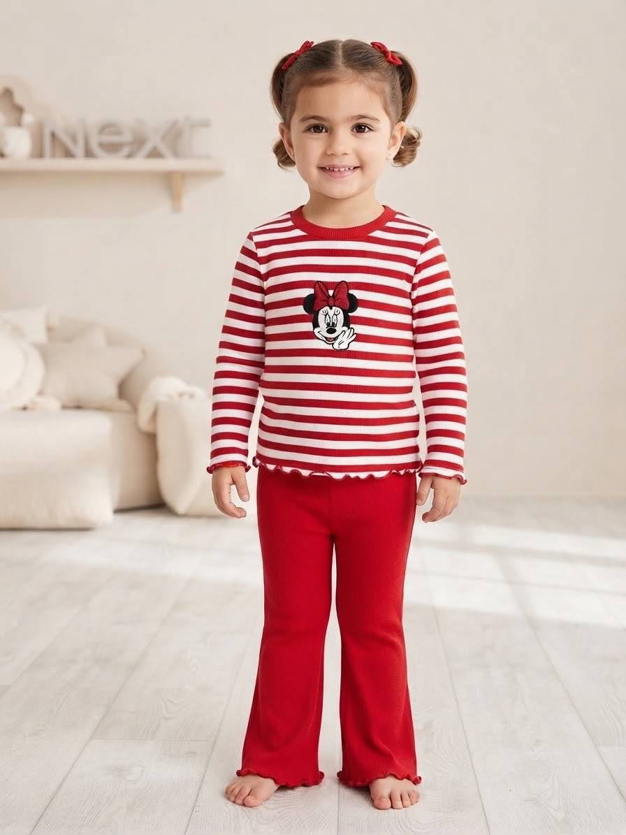 Minnie Mouse Baskılı Kırmızı Çizgili Fitilli İspanyol Paça Kız Çocuk Takım