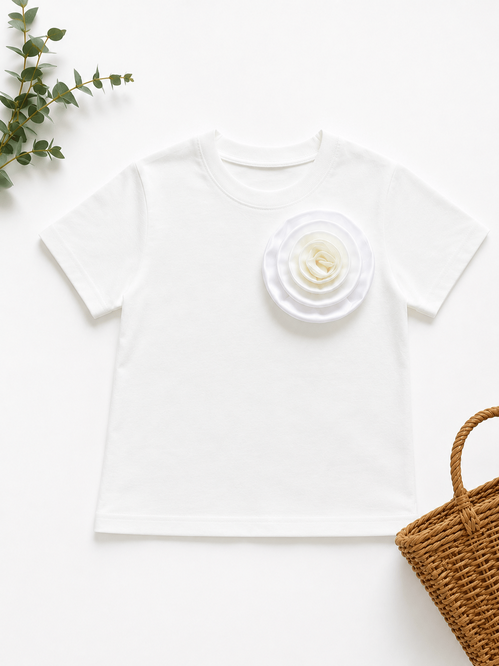 PONKİ ÇİÇEK DETAYLI  BEYAZ PAMUKLU T-SHIRT