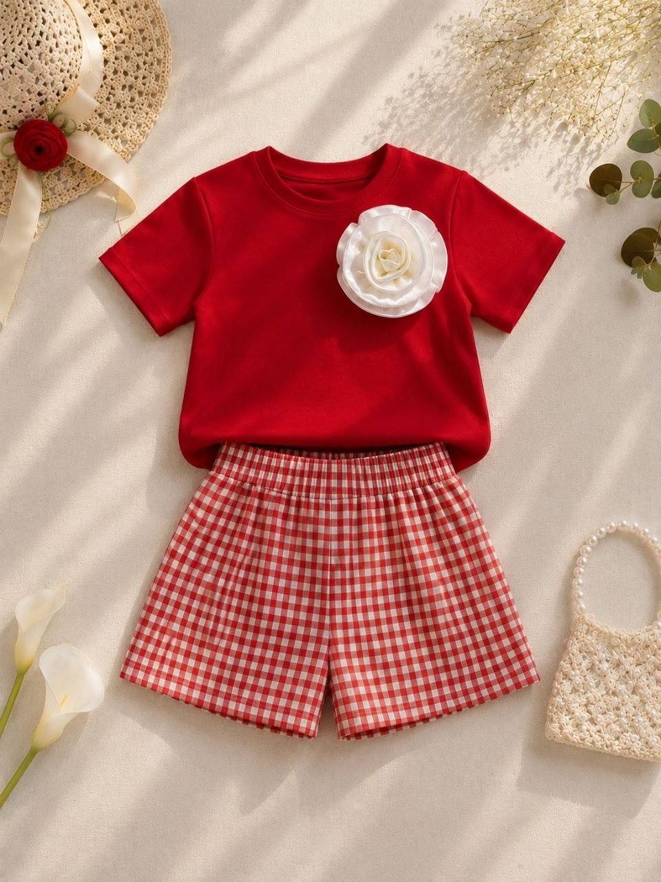PONKİ KIRMIZI T-SHIRT VE EKOSE ŞORTLU TAKIM
