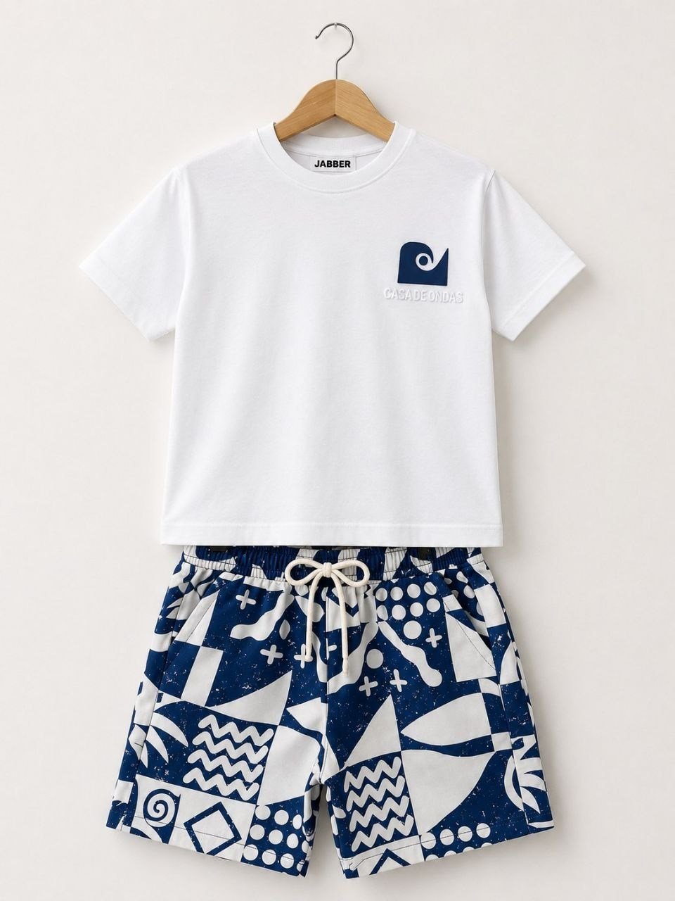 PONKİ OCEAN BEYAZ T-SHIRT VE MAVİ DOKUMA ŞORTLU TAKIM 