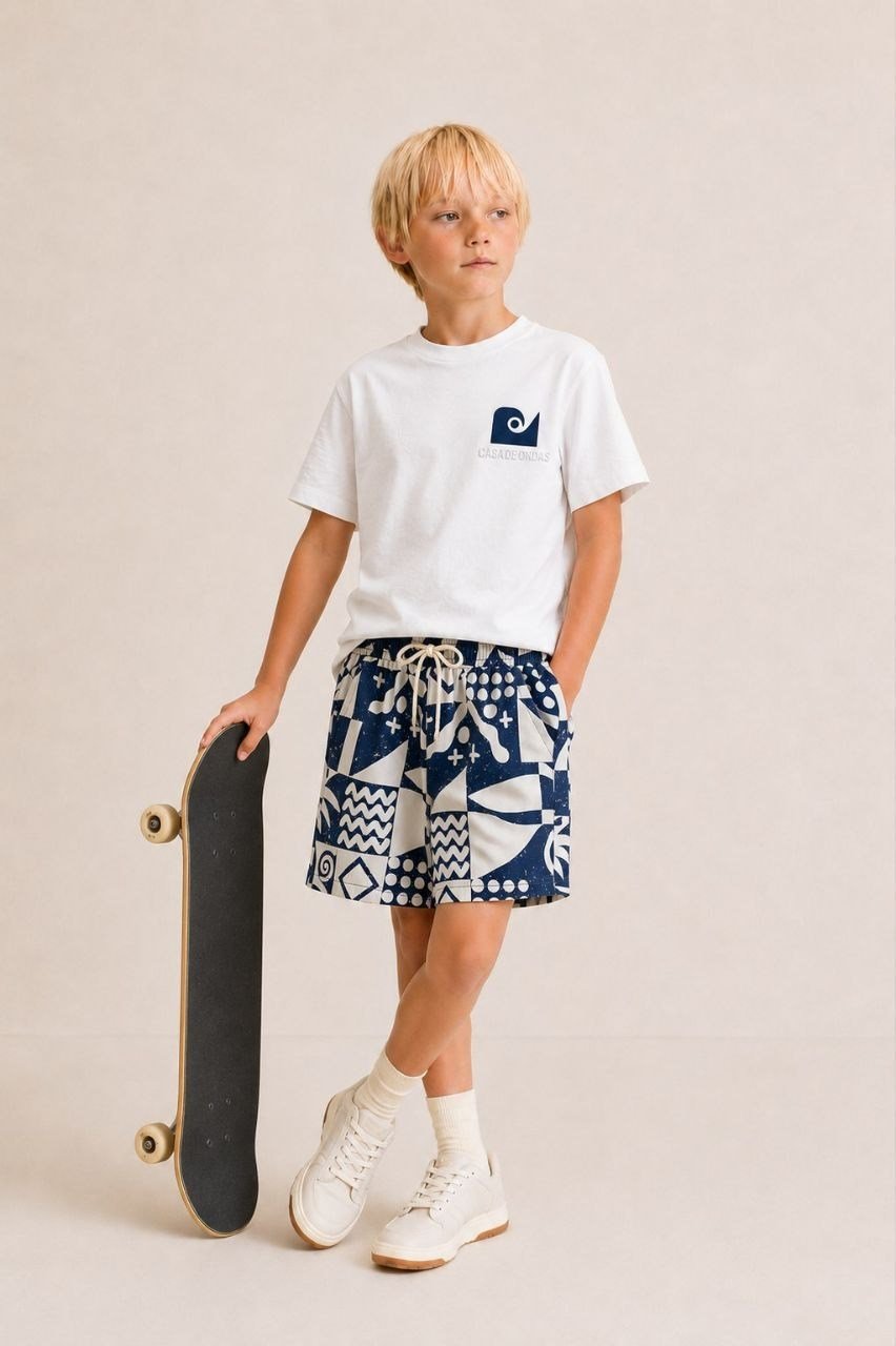 PONKİ OCEAN BEYAZ T-SHIRT VE MAVİ DOKUMA ŞORTLU TAKIM 