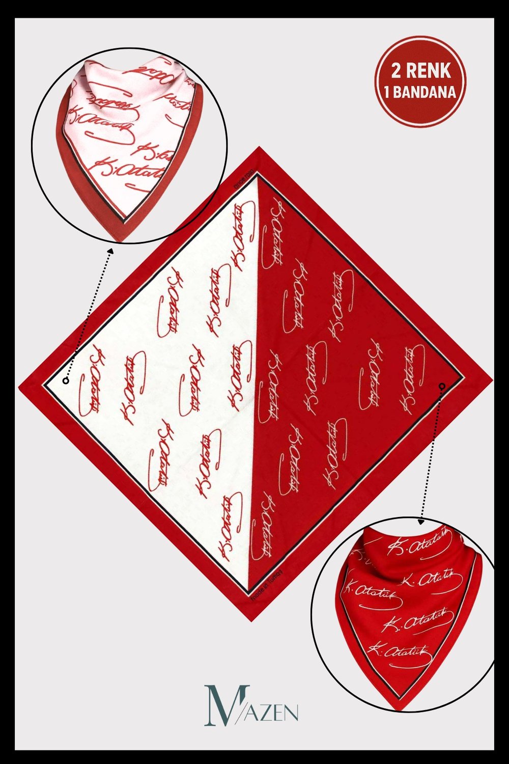 1 Adet Atatürk İmzalı Bandana Fular | Çift Taraflı Kullanım | 2 Renk 1 Bandana | Çok Amaçlı
