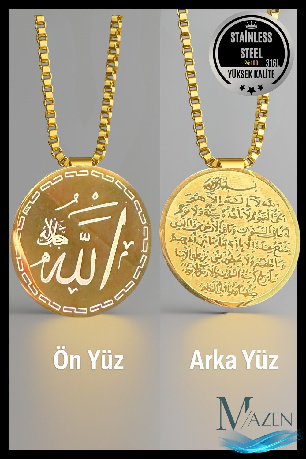 1 Adet Gold Allah Yazılı Ayetel Kürsi Çelik Kolye |Çift Taraflı | 316L Paslanmaz Çelik | Erkek Kadın