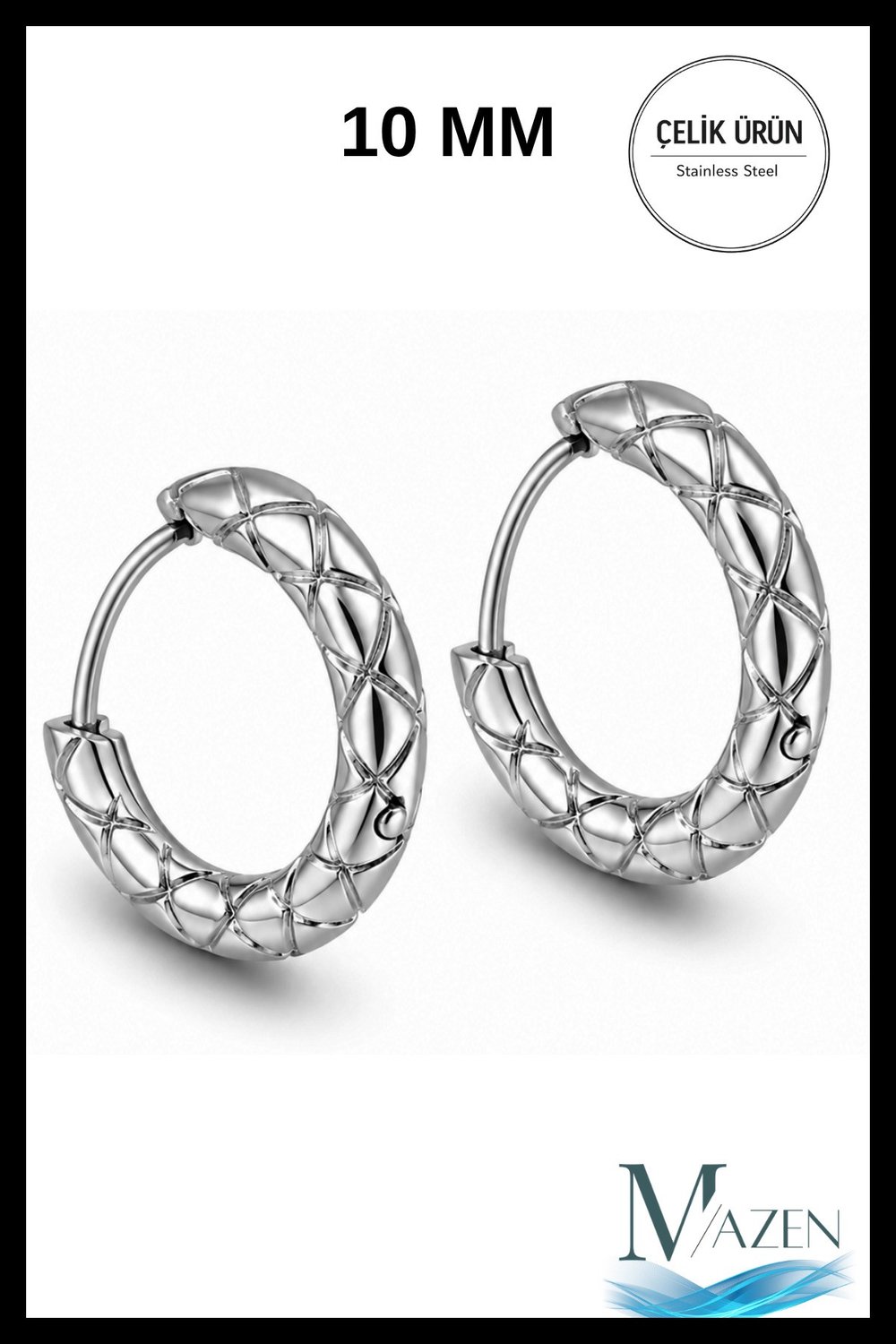 10 mm Geometrik Oyma Desenli Premium Çelik Halka Küpe Unisex Gümüş Renk