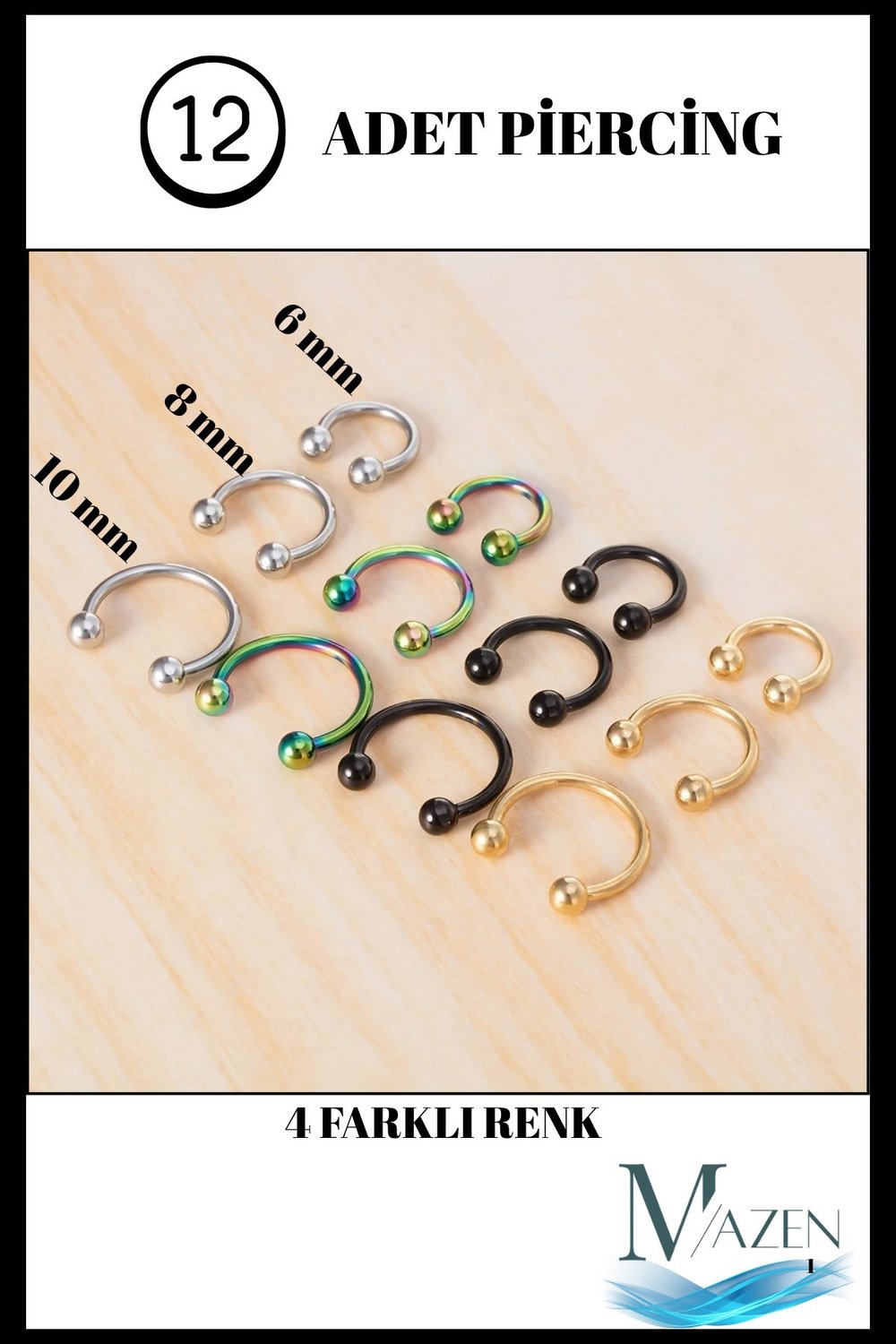 12 Adet Piercing Seti | 4 Renk 3 Boy Tam Set | Kararmaz %100 Cerrahi Çelik