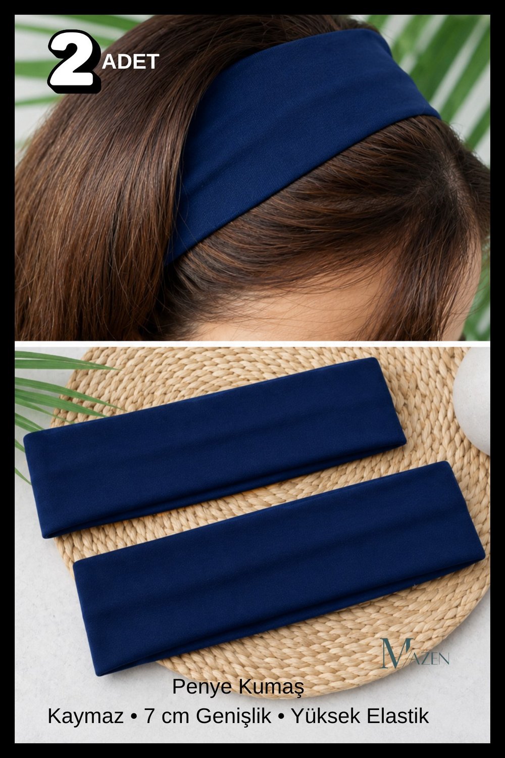 2 Adet Lacivert Çok Amaçlı Penye Sporcu Bandı Saç Kafa Bandanası Yoga Ter Bandı Unisex