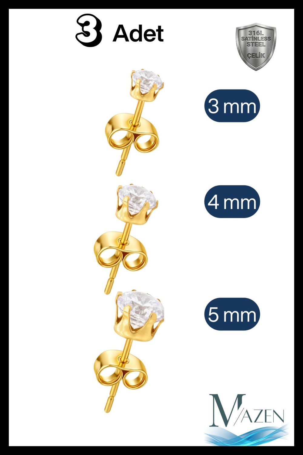 3 Adet 3 Farklı Boy Çelik Tektaş Küpe Gold Renk Antialerjik