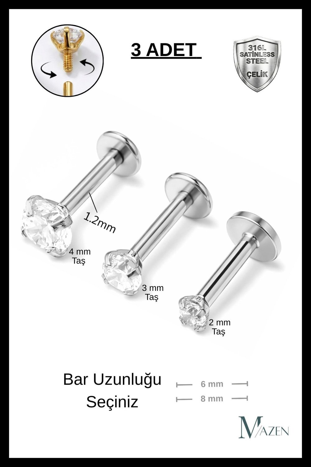 3 Adet Cerrahi Çelik Taşlı Tragus, Helix, Dudak, Kıkırdak Piercing ( Bar Uzunluğu Seçiniz )