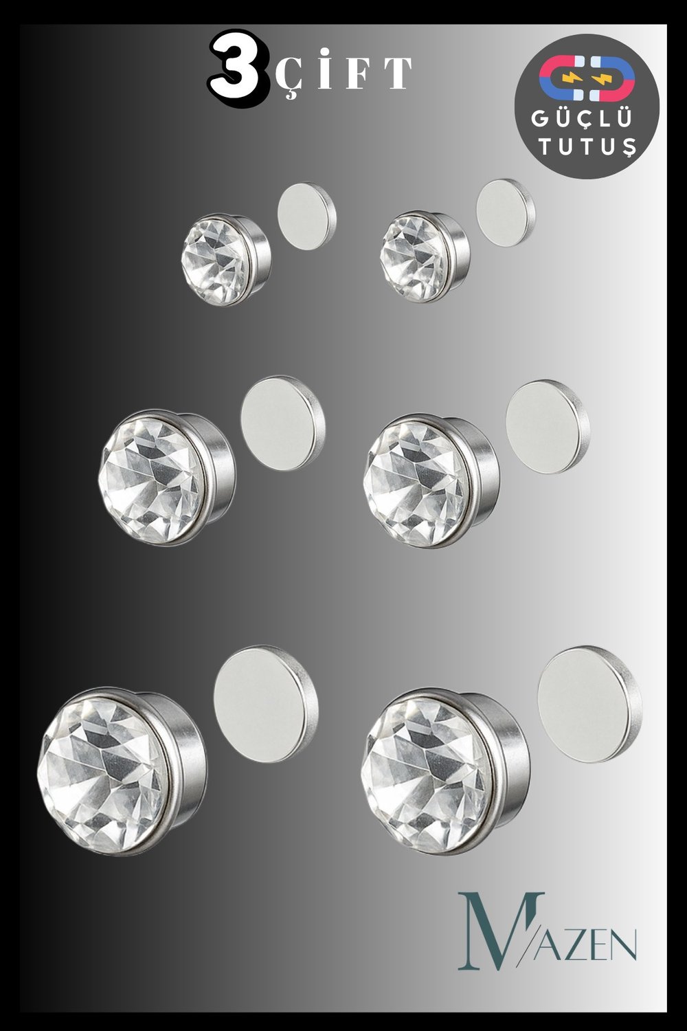 3 Çift Mıknatıslı Tek Taş Küpe | Güçlü Tutuş | Deliksiz Kullanım | Unisex Aksesuar (2 - 4 - 6 mm )