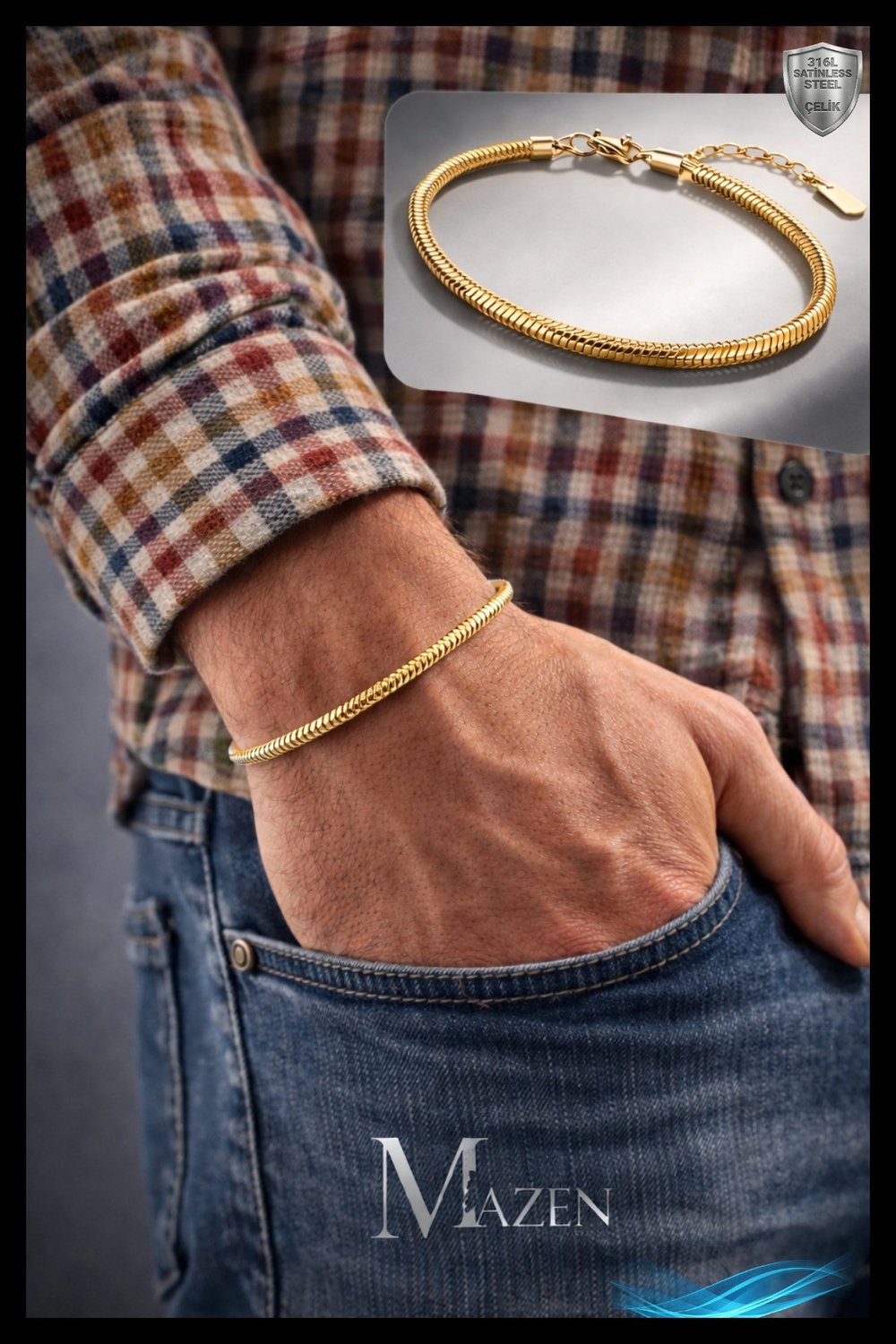 316 L Yılan Çelik Unisex Bileklik, Kararmaz Solmaz 3 mm Gold Reng