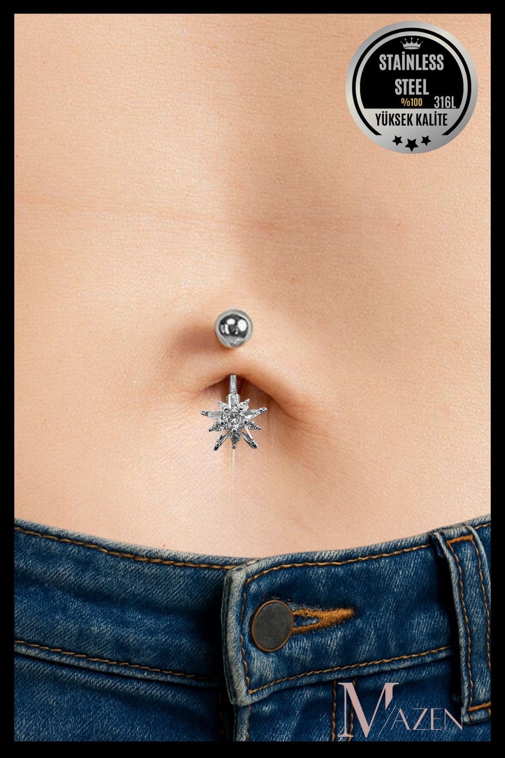 316L Çelik Kararmaz Göbek Piercing | Parlak Yıldız Model | Işıltılı ve Şık Tasarım