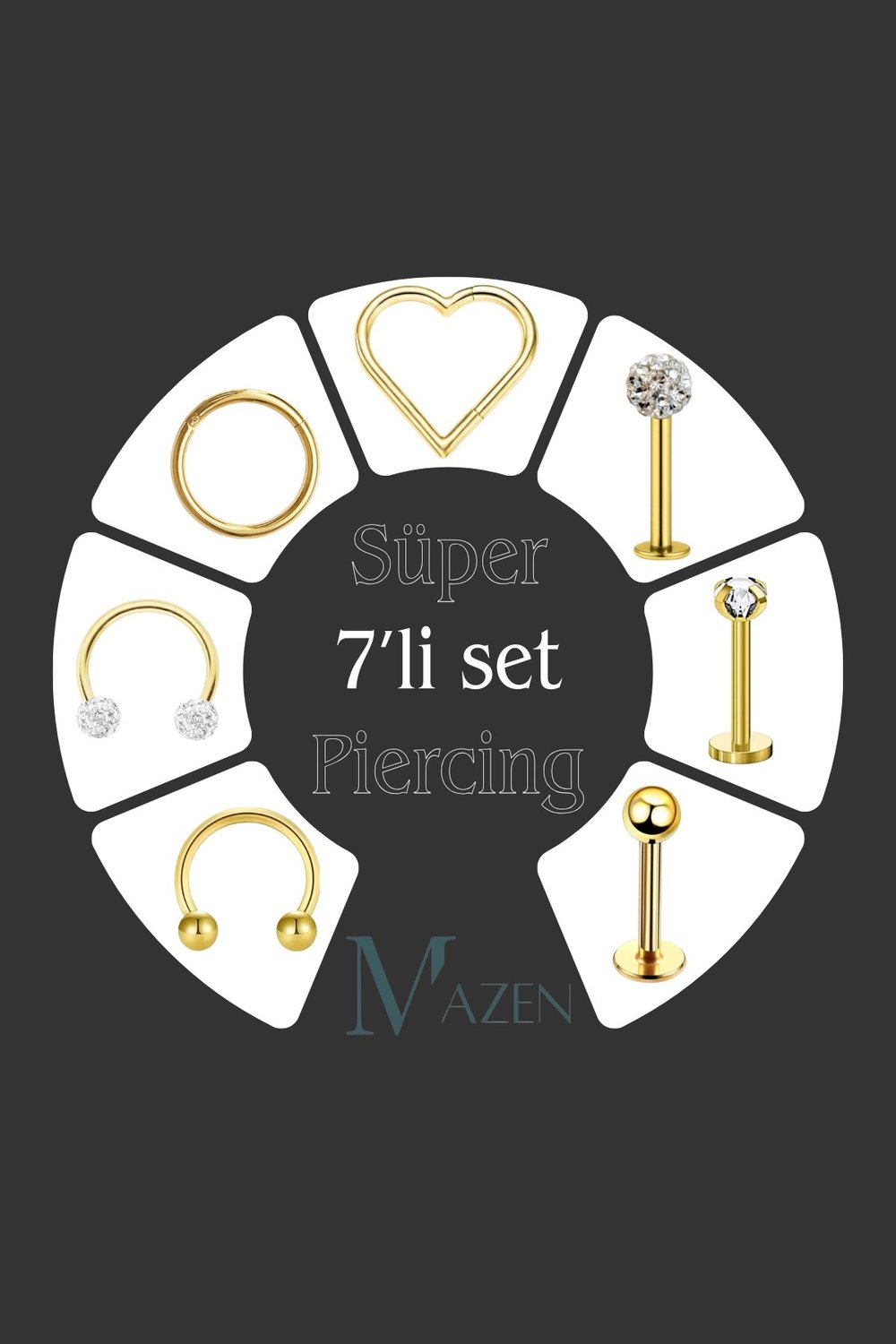 7 Farklı Model Cerrahi Çelik Set Piercing 8 mm