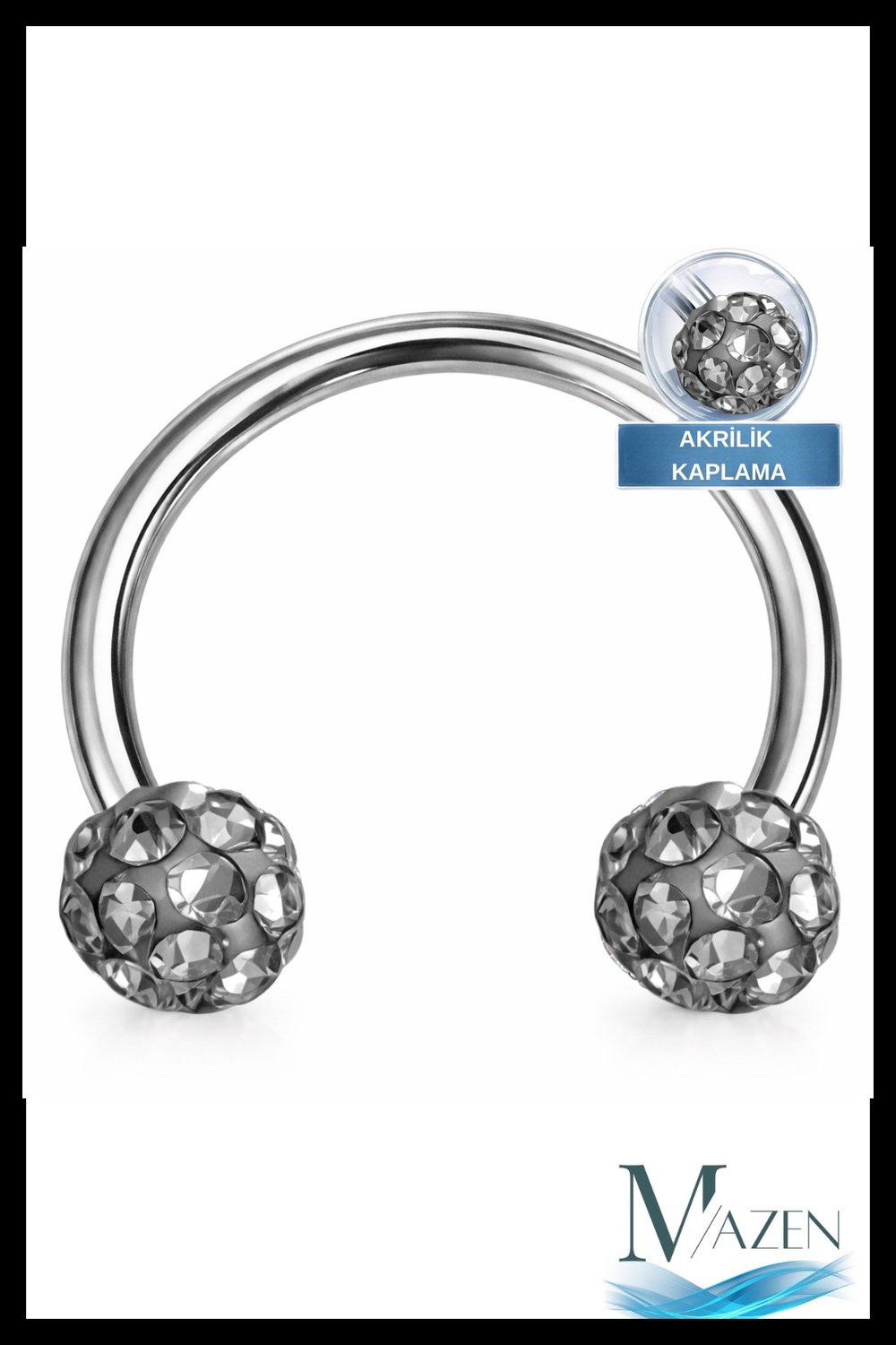Antrasit Kristal Taşlı Akrilik Kaplamalı Kararmaz Cerrahi Çelik Nal Piercing