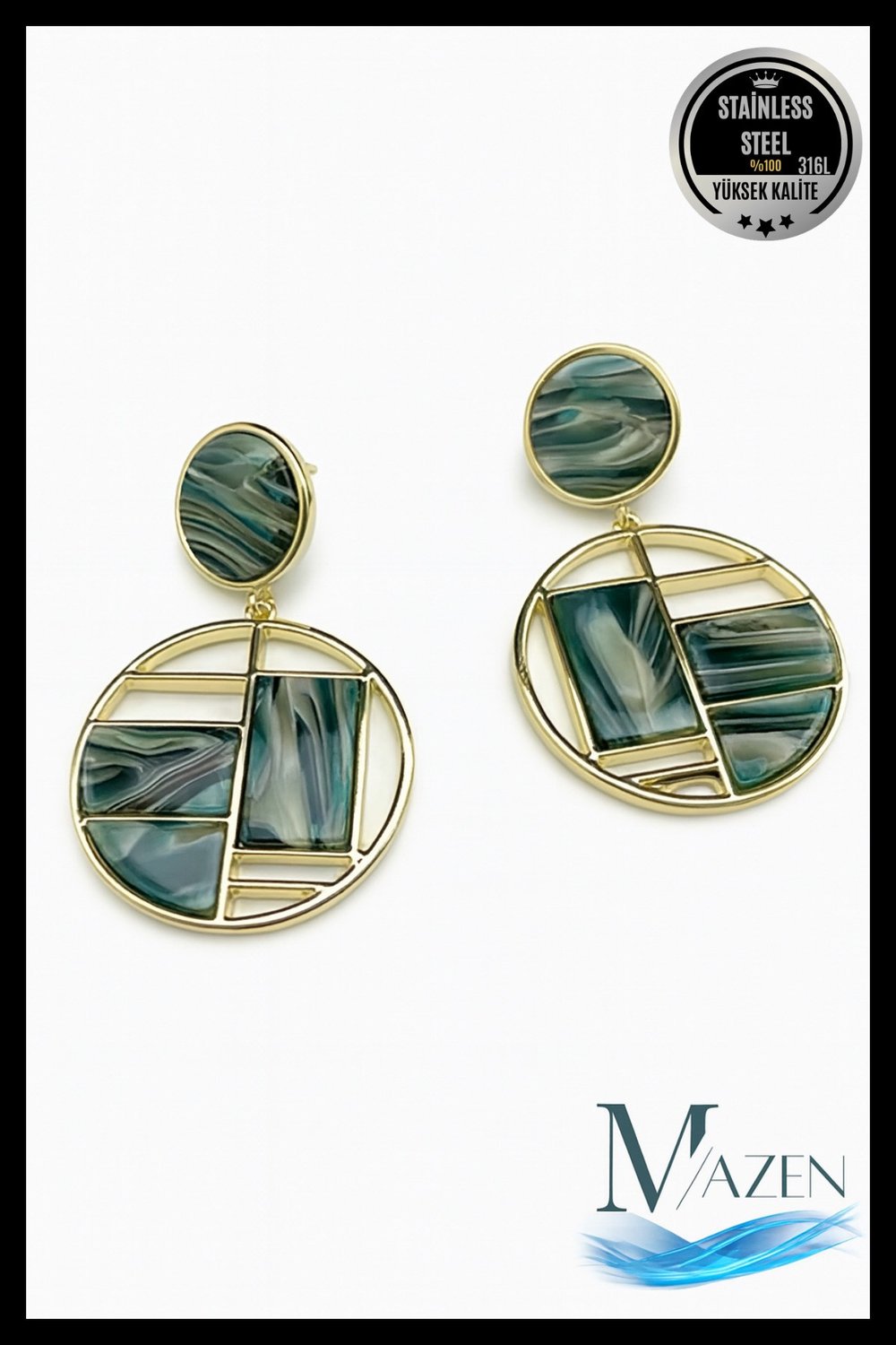 Artemis Serisi | Yeşil Desenli Geometrik Küpe | Gold Çerçeveli Çelik Küpe