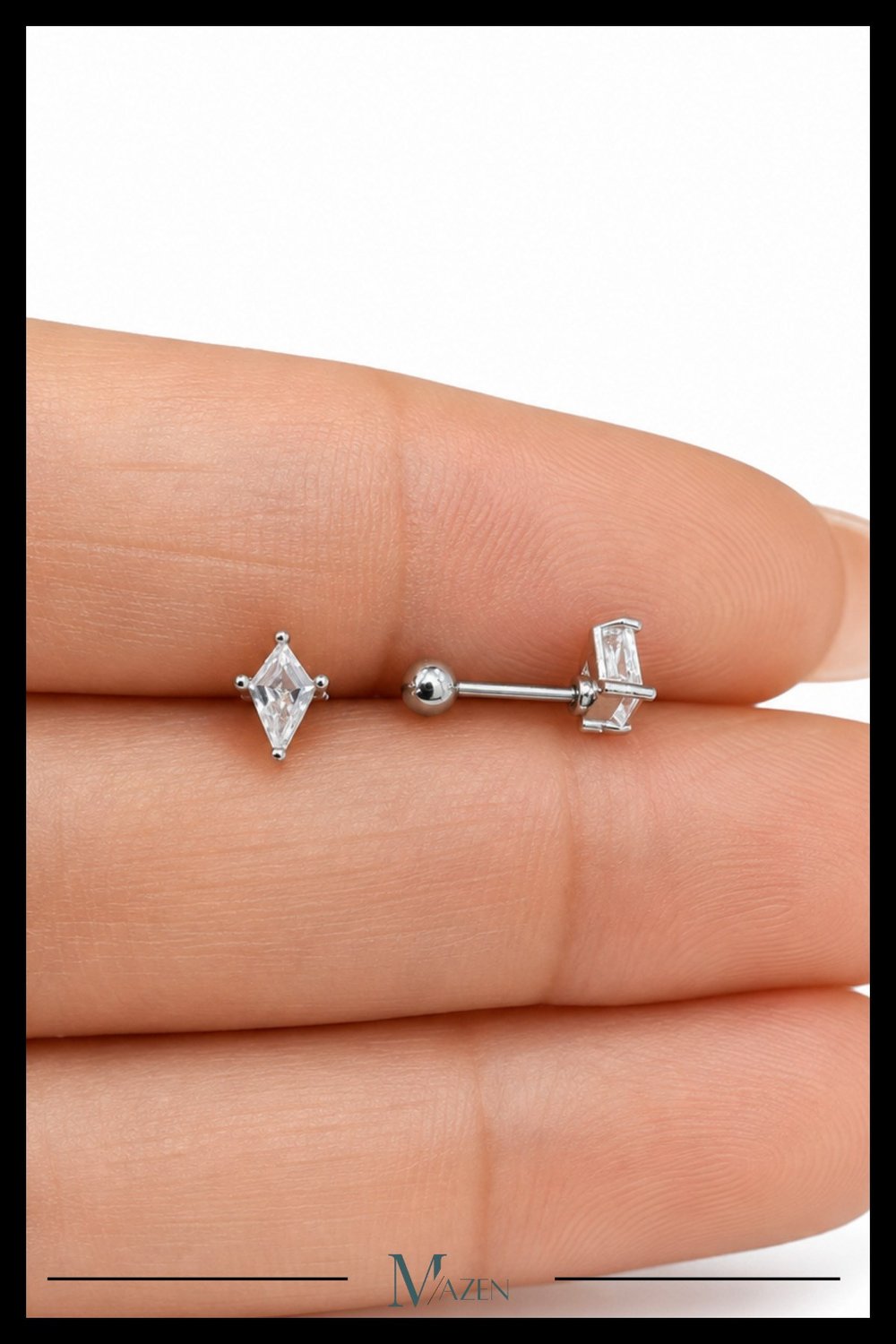 Baklava Kesim Taş Tragus Piercing Çelik Gümüş Renk Minimal Zirkon Taşlı