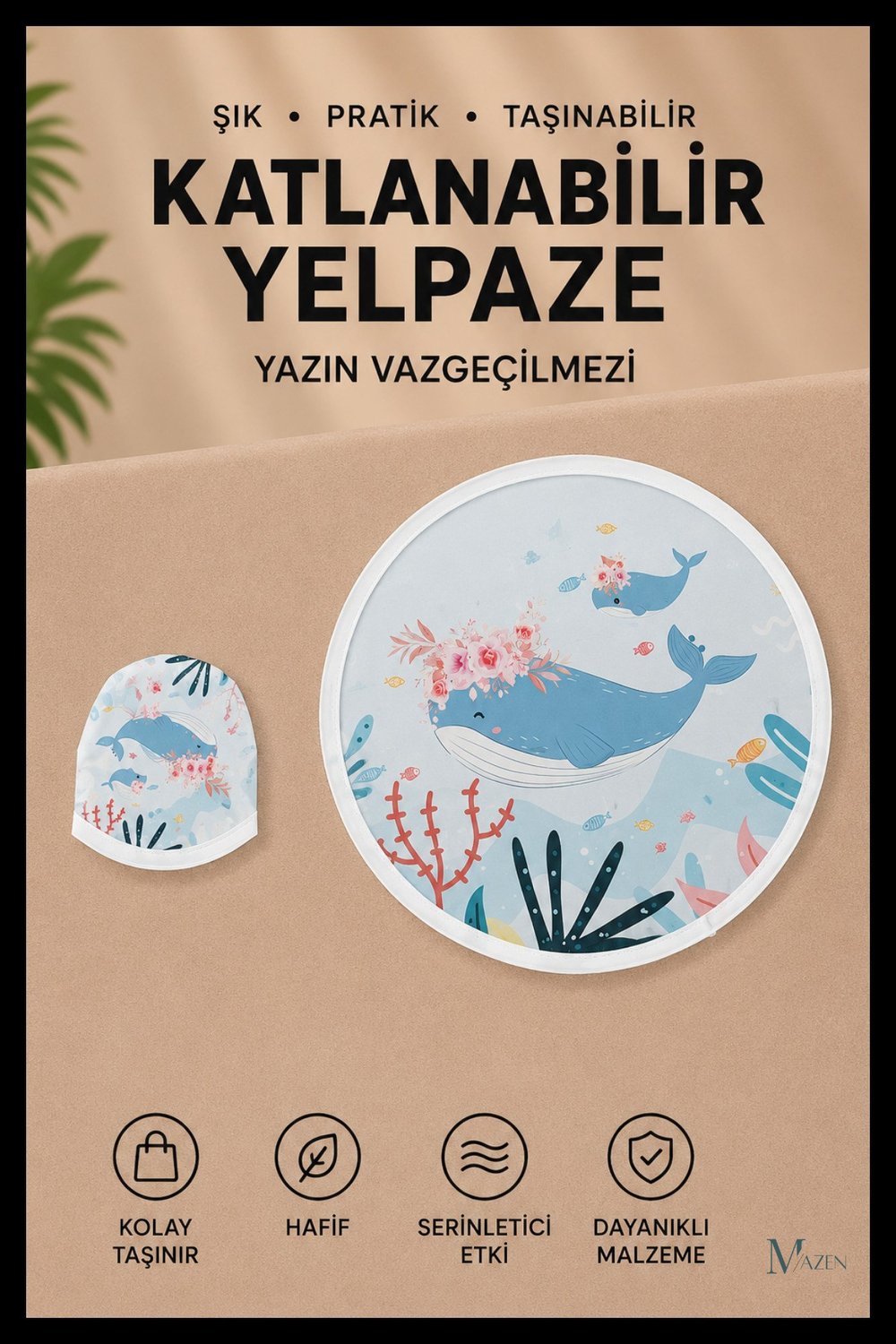 Balina Desenli Katlanabilir Yuvarlak Yazlık Taşınabilir El Yelpazesi