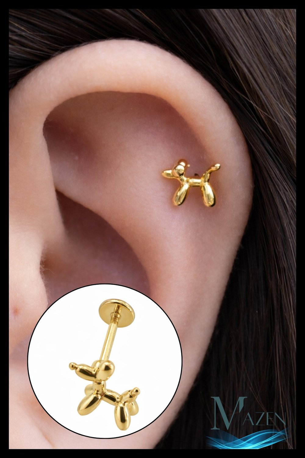 Balon Köpek Figürlü Helix Tragus Piercing | Gold Renk | 316L Çelik | Minimal Tasarım