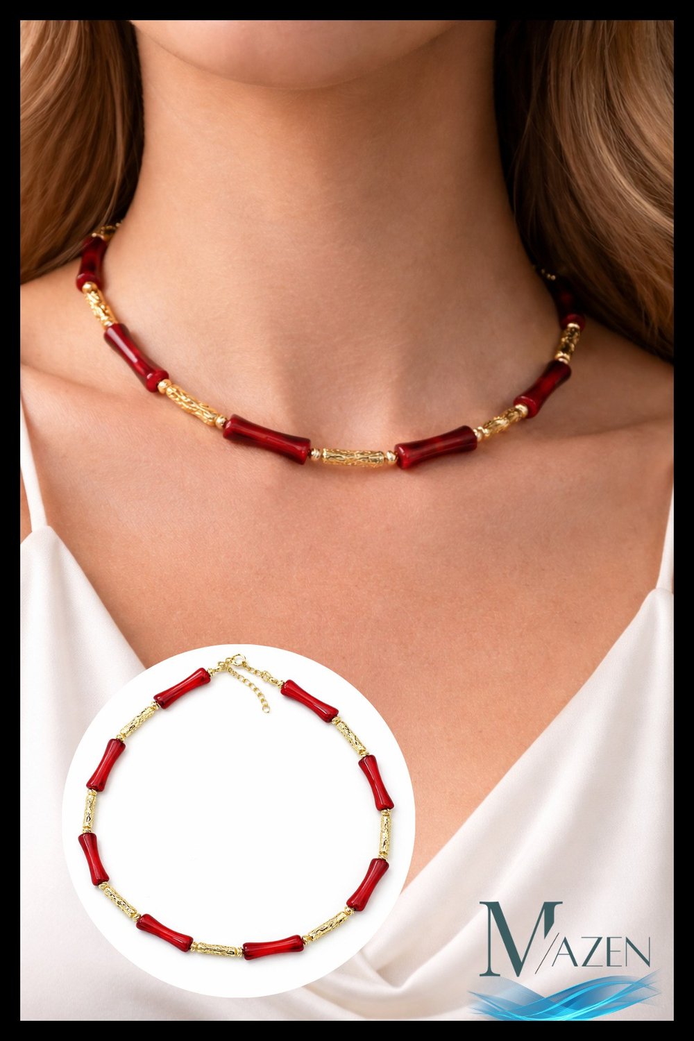 Bambu Kemik Boncuk Kolye 40+5 cm | Gold Detaylı Boncuk Tasarım Kadın Kolye