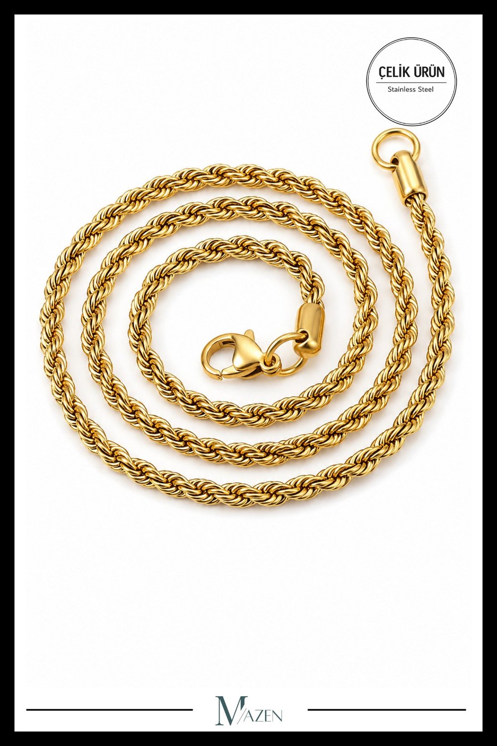 Burgulu Cerrahi Çelik Gold Zincir Kolye Premium Kalite Dayanıklı Şık Tasarım (Uzunluk Seçenekli)