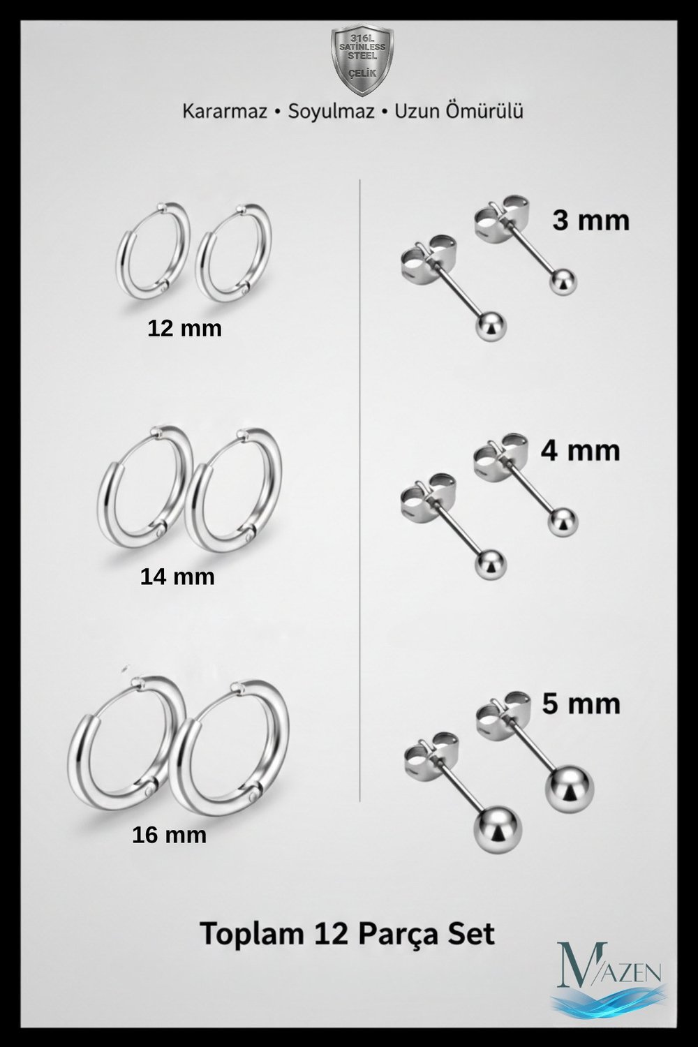 Cerrahi Çelik 3 Çift Halka 3 Çift Top Küpe (12MM, 14MM, 16MM)