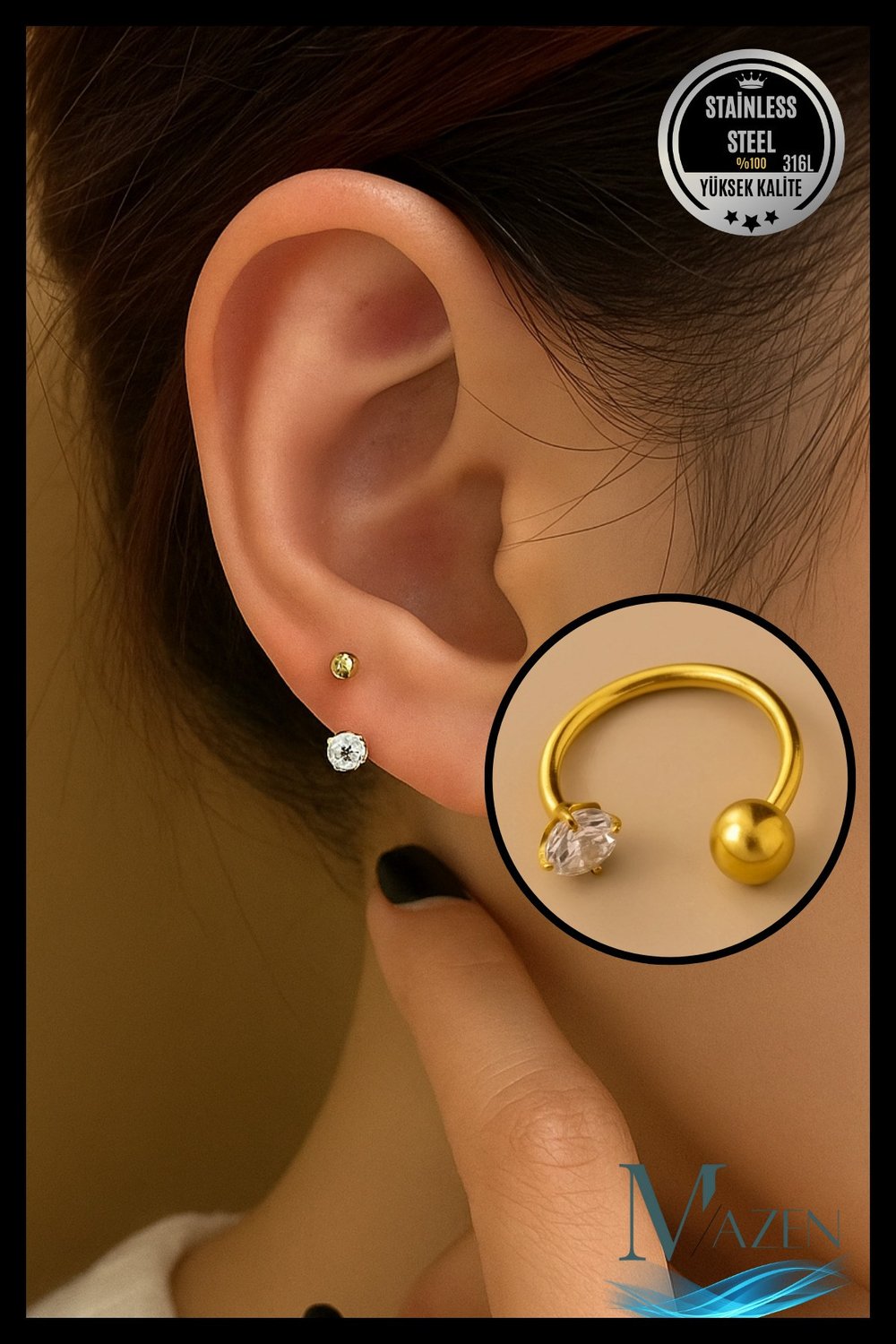 Cerrahi Çelik Piercing Küpe Zirkon Taşlı ve Toplu Halka Model Gold Renk