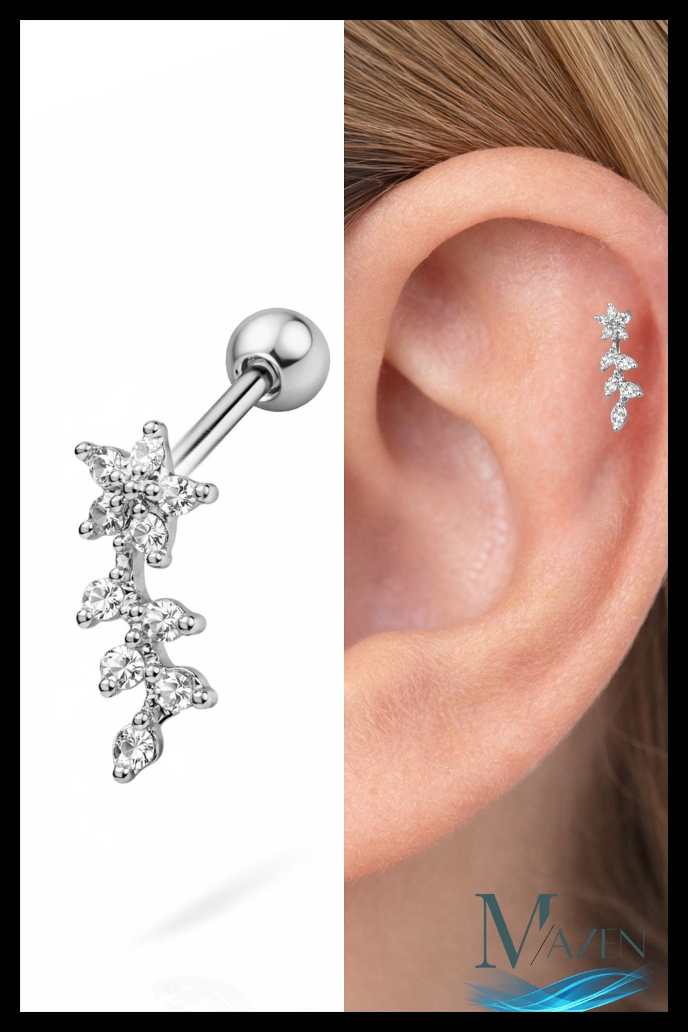 Çiçek Yaprak Zirkon Taşlı Tragus Helix Piercing | Arkası Toplu Model - 1 Adet