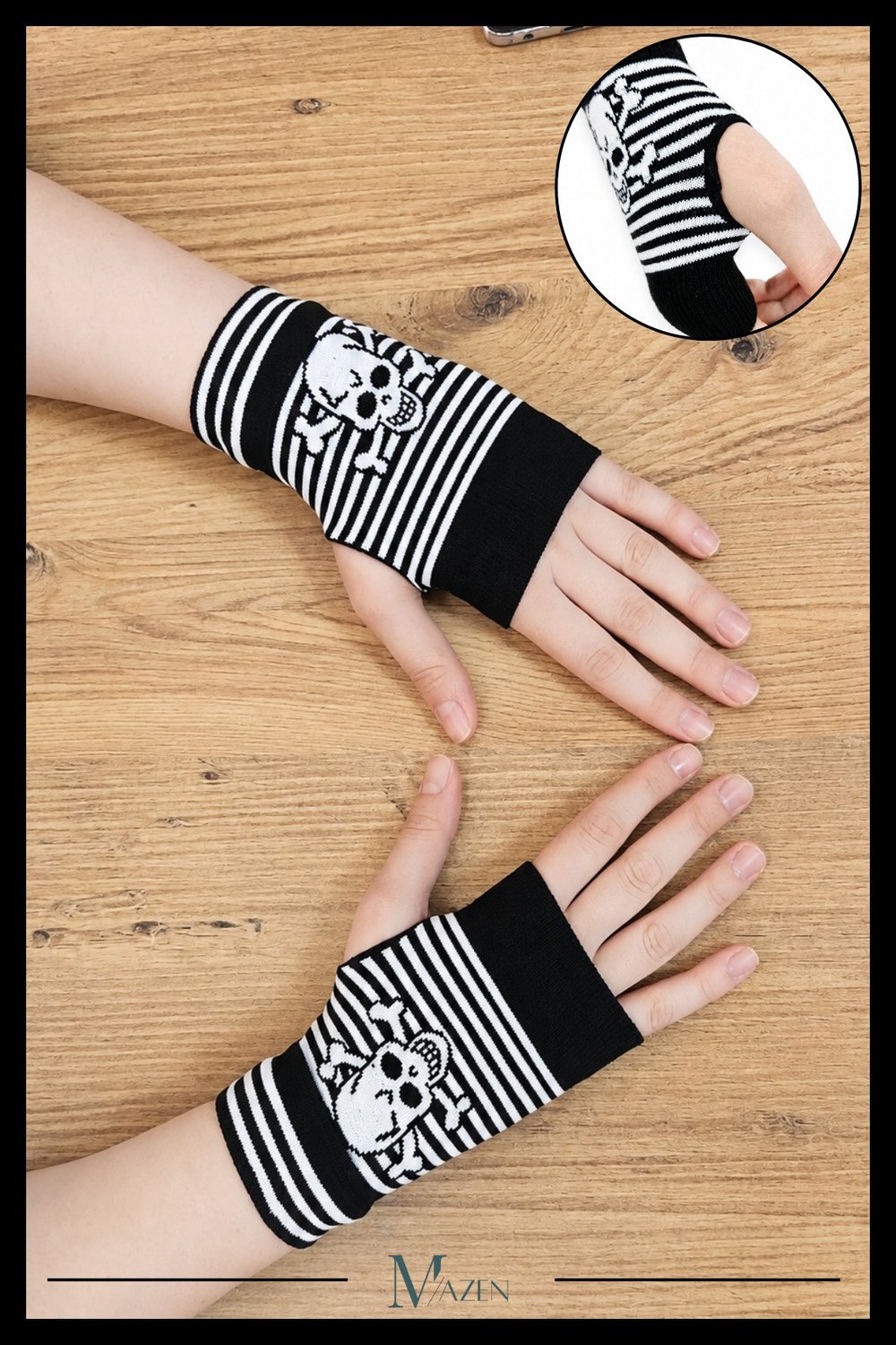 Çizgili Kuru Kafa Desenli Parmaksız Eldiven Unisex Triko Punk Rock Korsan Gothic El Isıtıcı