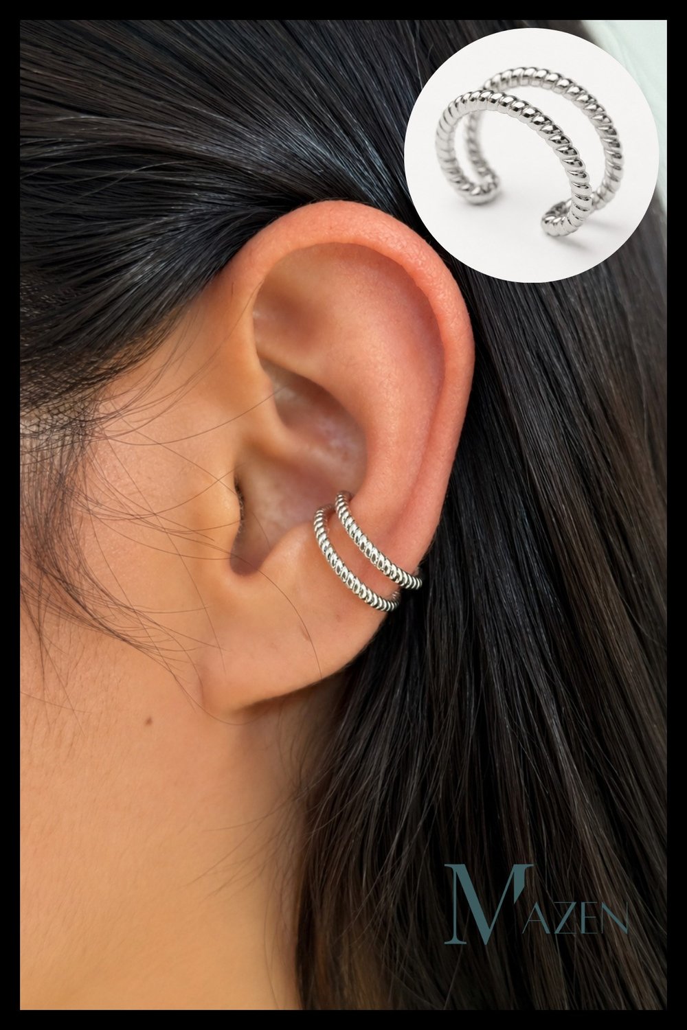 Delik Gerektirmeyen Çift Halka Görünümlü Ayarlanabilir Kıkırdak Küpe Ear Cuff Gümüş Renk