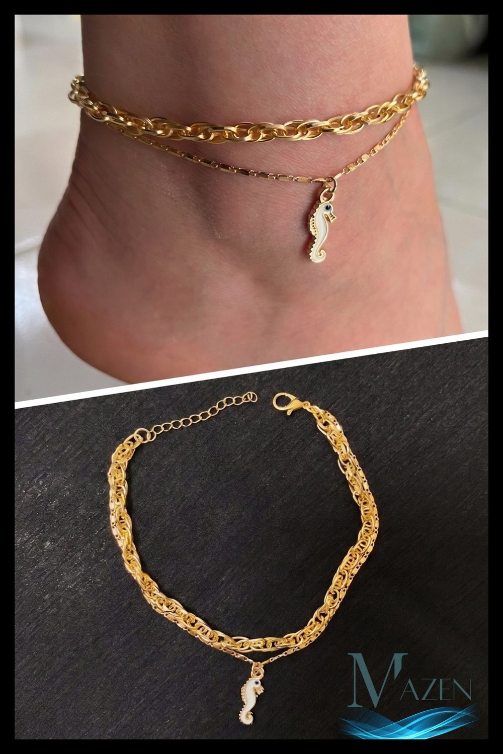 Denizatı Figürlü Charm Gold Çift Zincir Halhal | Ayarlanabilir Kadın Ayak Bilekliği Aksesuar
