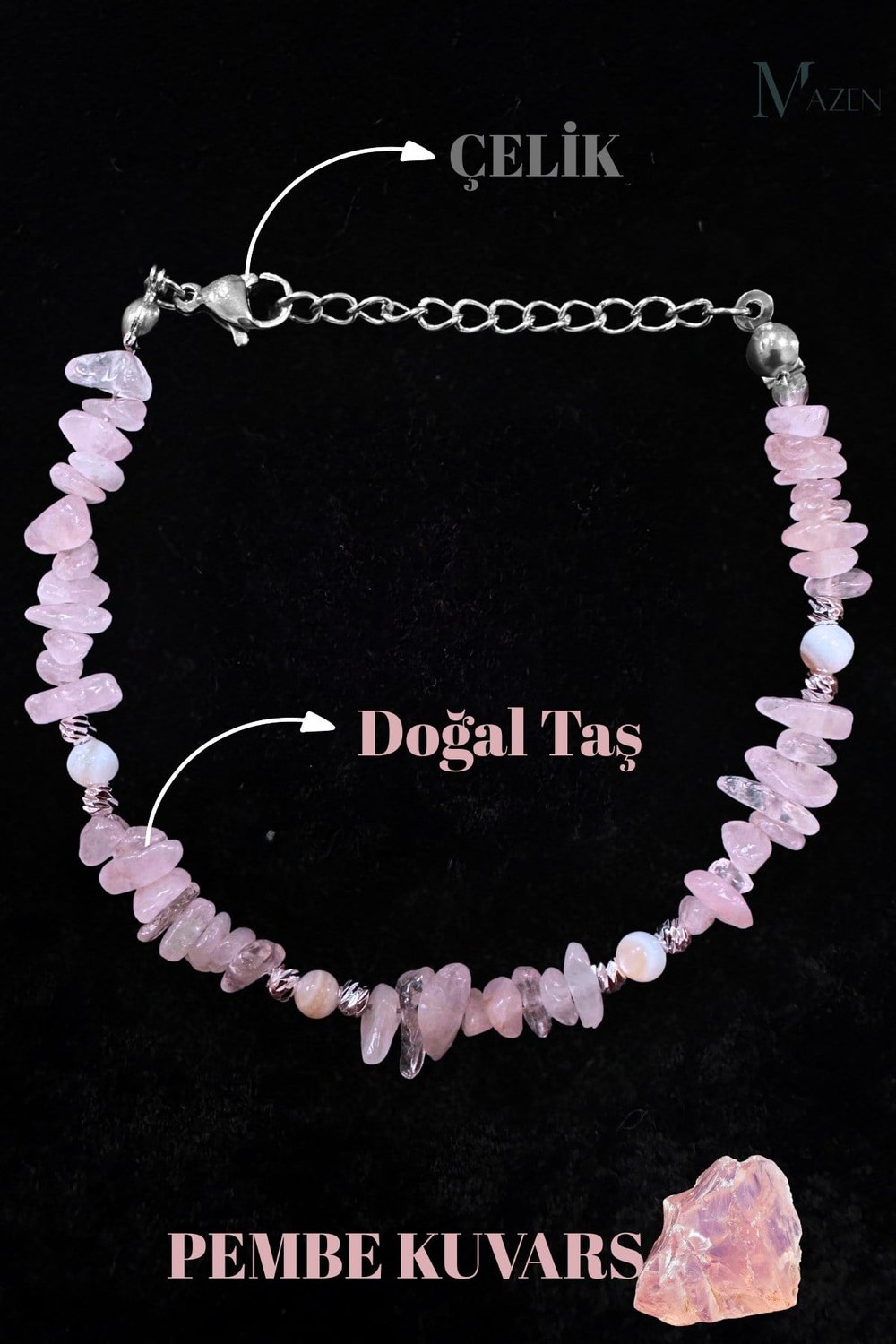 Doğal Pembe Kuvars Taşlı, Çelik Zincirli, Şık Kadın Bileklik