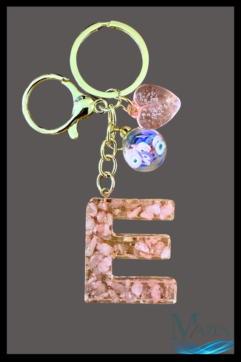 Epoksi E Harf Anahtarlık | PEMBE| Nazar Boncuklu & Kalpli Tasarım | CHARM Aksesuar | Hediyelik