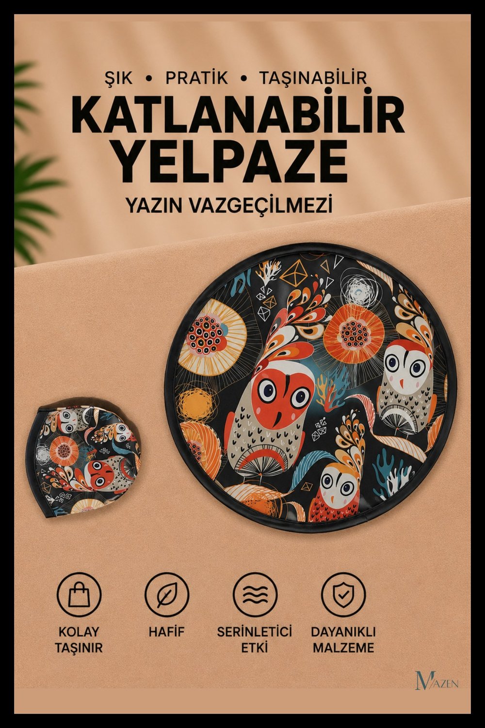 Etnik Baykuş Desen Katlanabilir Yuvarlak Yazlık Taşınabilir El Yelpazesi