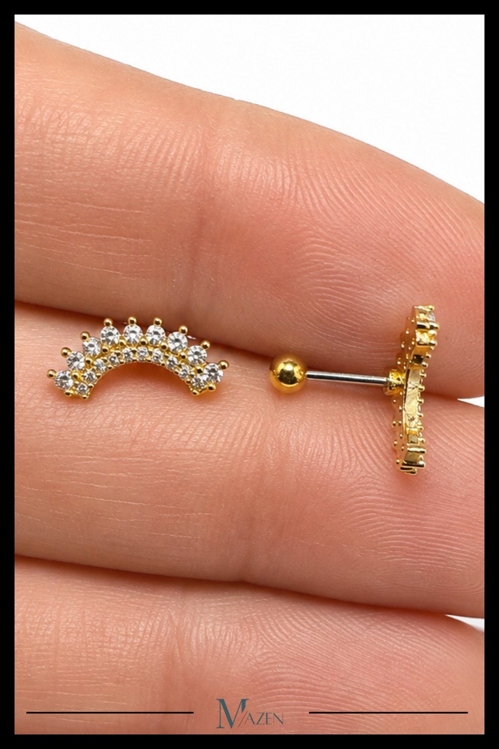 Gökkuşağı Taç Tragus Piercing Çelik Gold Renk Zarif Zirkon Taşlı