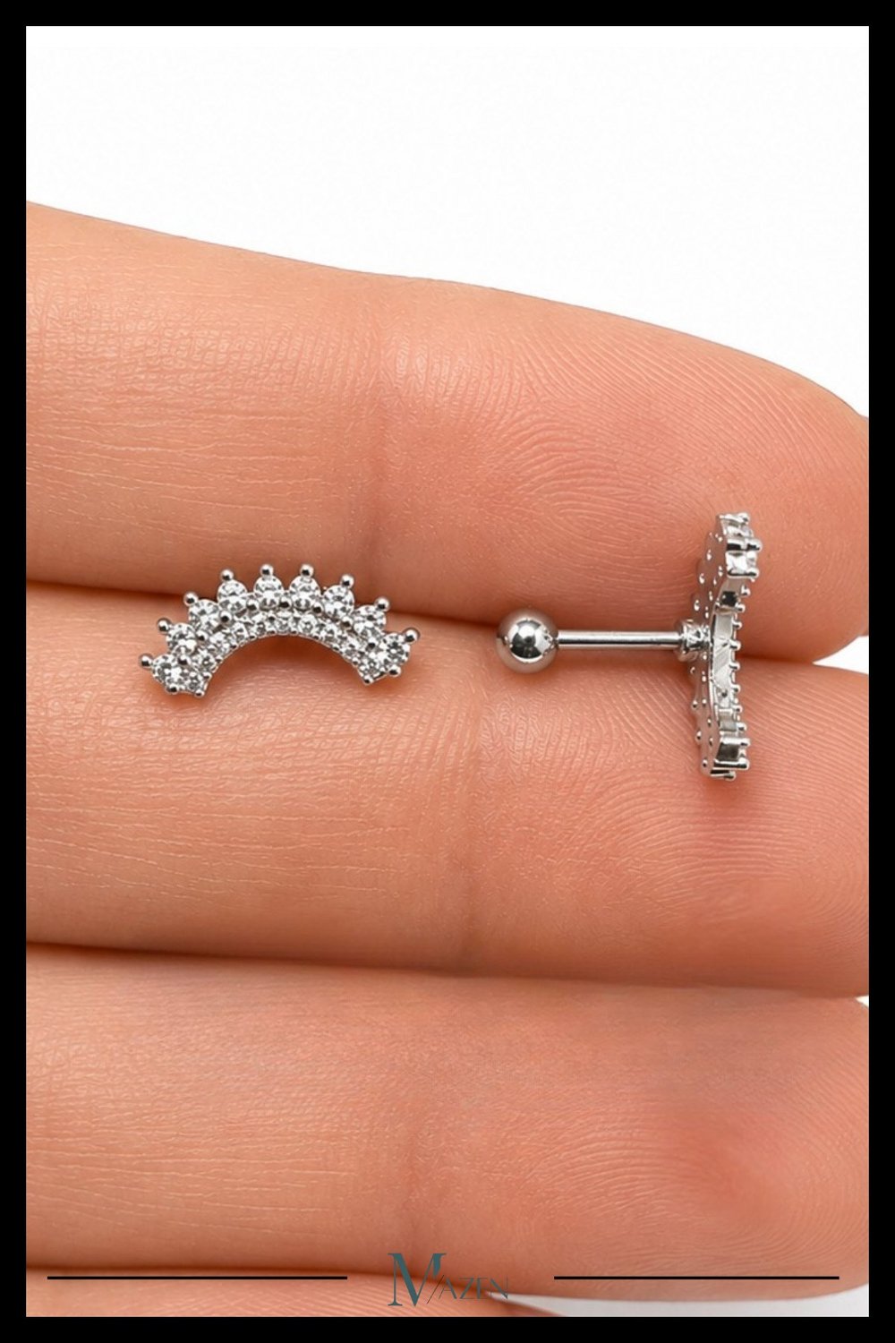 Gökkuşağı Taç Tragus Piercing Çelik Gümüş Renk Zarif Zirkon Taşlı
