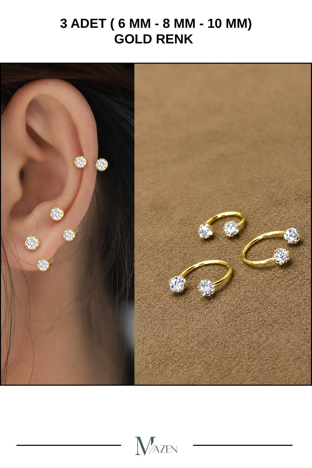 Gold 3'lü 316l Kararmaz Cerrahi Çelik Kristal Taşlı Kıkırdak Dudak Burun Septum Tragus Piercing