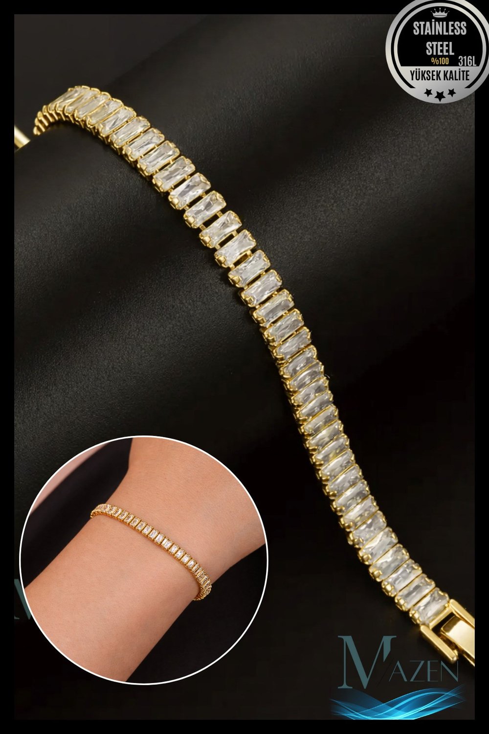 Gold Çelik Suyolu Bileklik | Kristal Taşlı | 18 cm | Kadın Takı