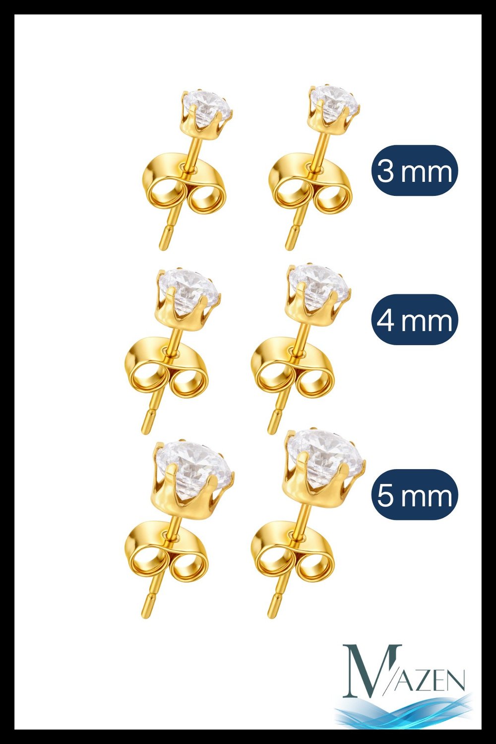 Gold Renk Cerrahi Çelik 316L Kararmaz OVAL Zirkon Taşlı Küpe Özel Seri (3 Çift 3 Farklı Boy)