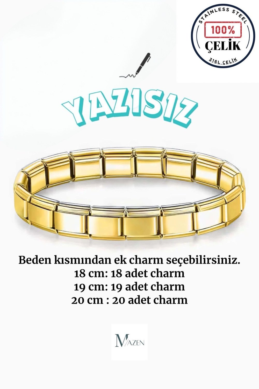Gold Renk İtalyan Charm Kararmaz Çelik Bileklik  (Yazılı, yazısız ve Beden Seçiniz)